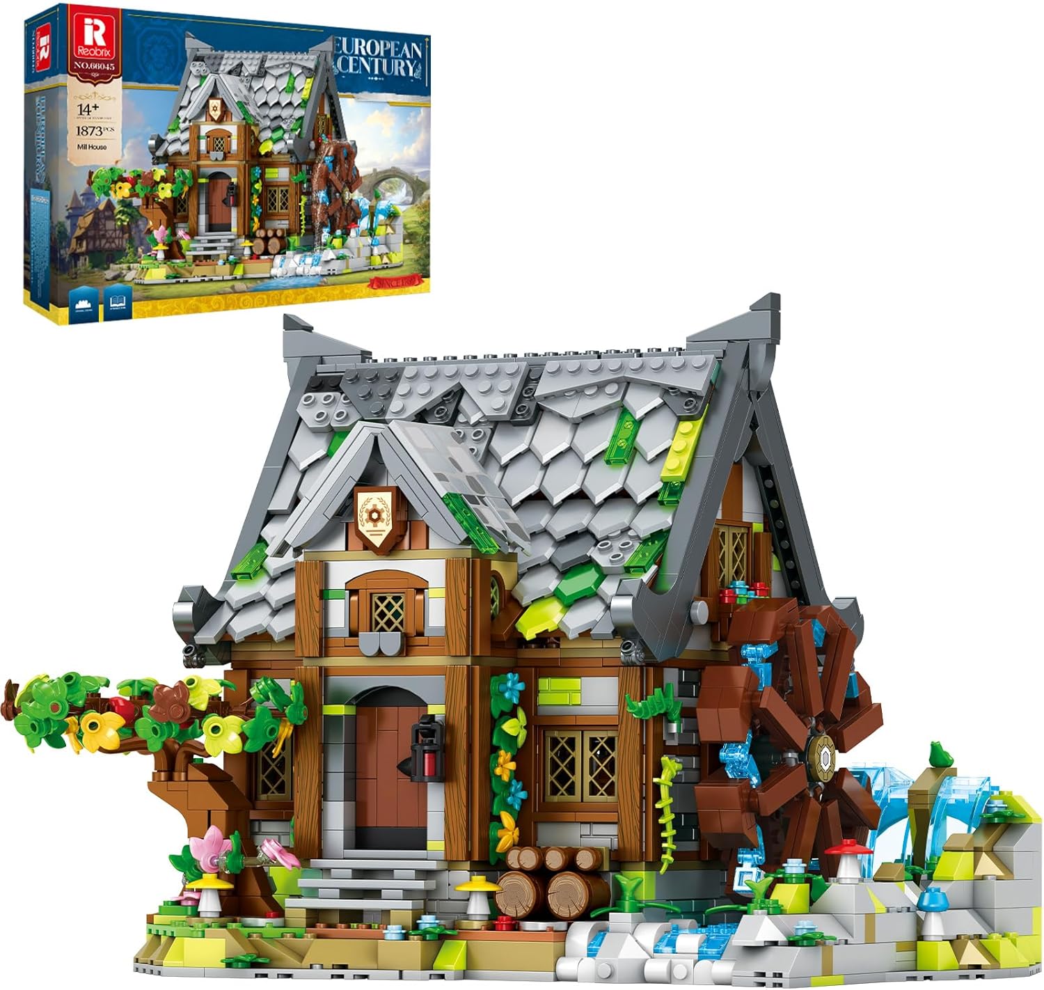 Reobrix Medieval Building Set for Adults– Watermill Cabin1873 PCS Medieval House with Rotating Water Wheel, Architecture Collectible Building Bricks Kit for Adults and Medieval Village Fans
