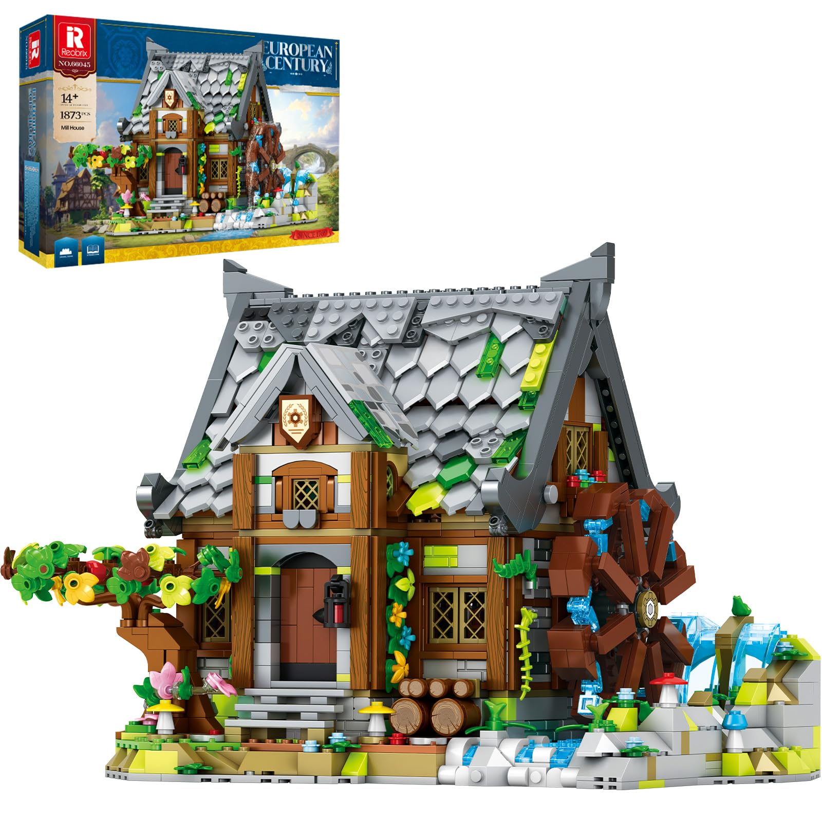 Reobrix Medieval Watermill Building Set – 1873 PCS Medieval House with Rotating Water Wheel, Architecture Collectible Building Bricks Kit for Adults and Medieval Village Fans