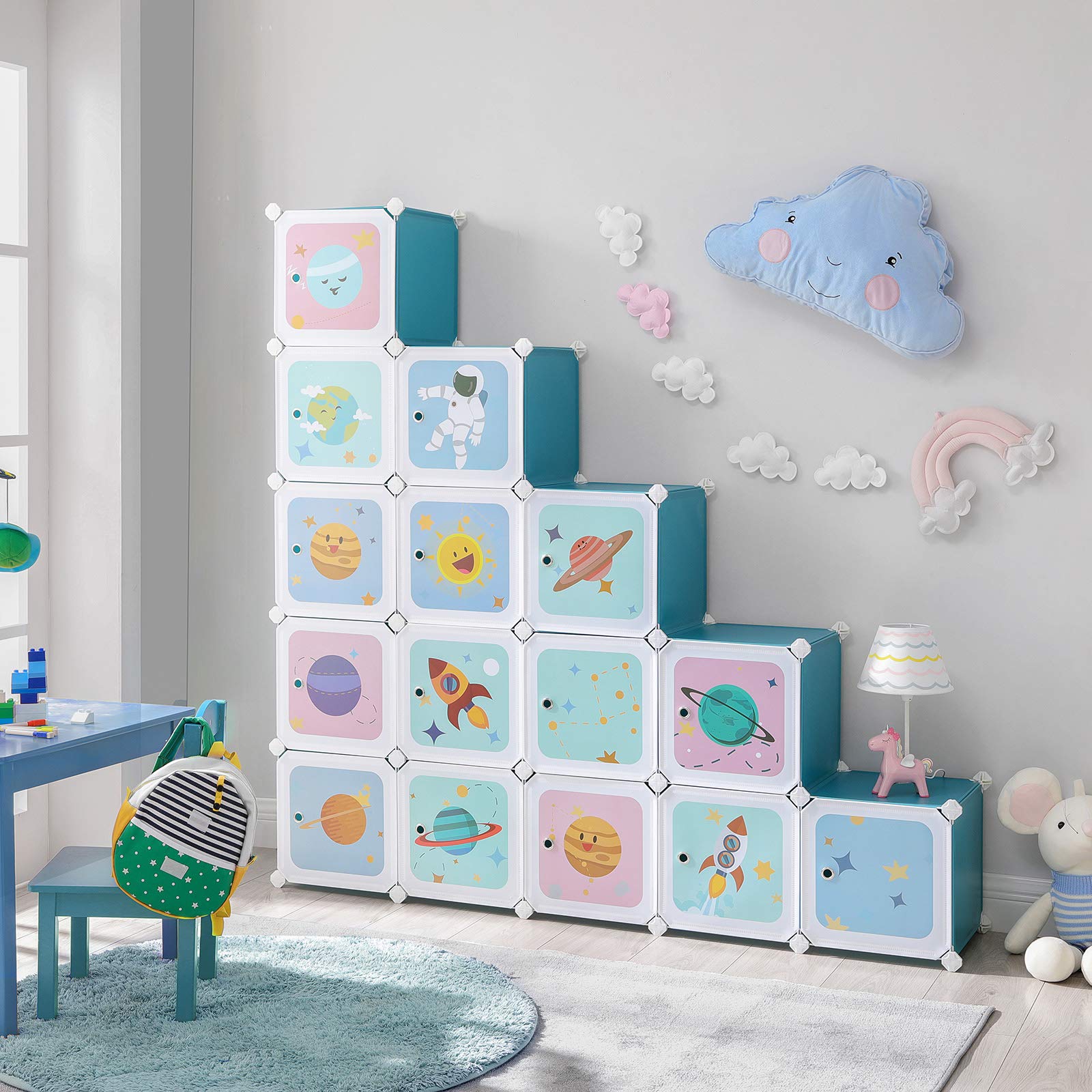 SONGMICS Regalsystem mit 15 Würfeln, Aufbewahrungsschrank für Kinder, Steckregal, Schuhregal aus Kunststoff, Kleiderschrank mit Türen, Mehrzweck, Schuhe, Spielzeug, 153 x 31 x 153 cm, blau LPC902Q01