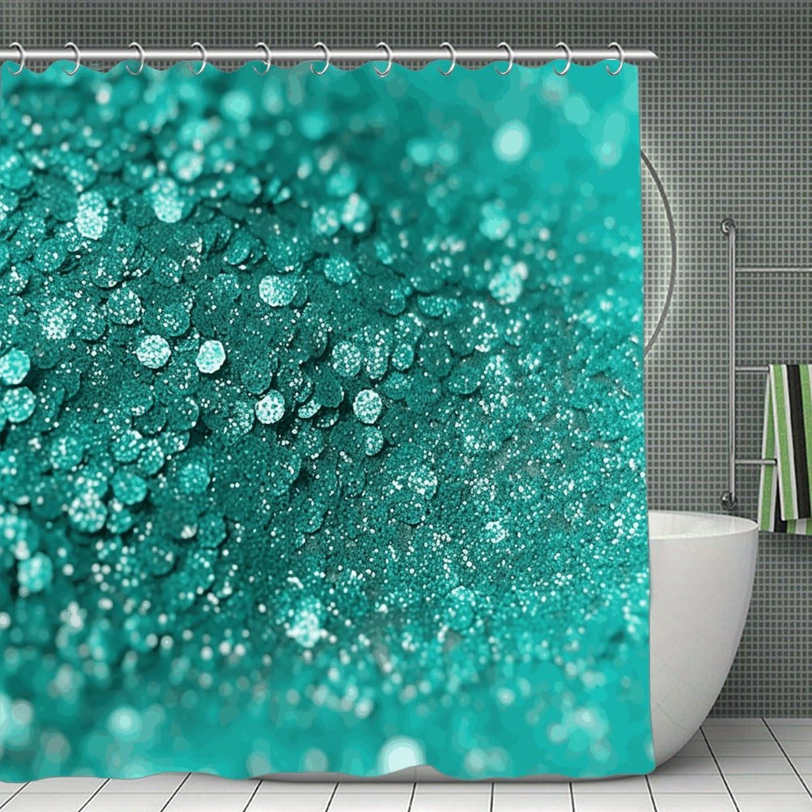 VstaDank Turquoise Glitter Bath Curtain Elegant Heavy Duty Shower Curtains 70x70 in Rustic Farmhouse Cloth Shower Curtains Neutral Modern Bath Curtain for Bathroom
