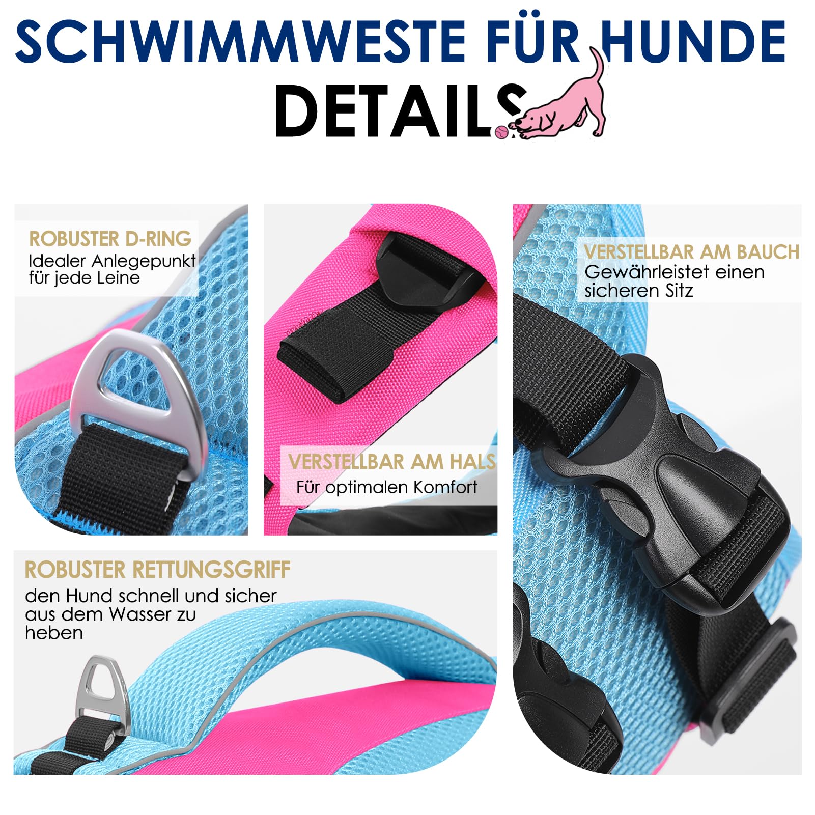 AOFITEE Schwimmweste Hund Klein, Verstellbar & Ripstop Hund Rettungsweste mit Rettungsgrif, Sicher Reflektierende Hunde Schwimmweste Hoher Auftrieb Hundeschwimmweste Kleine Hunde, Rose, S