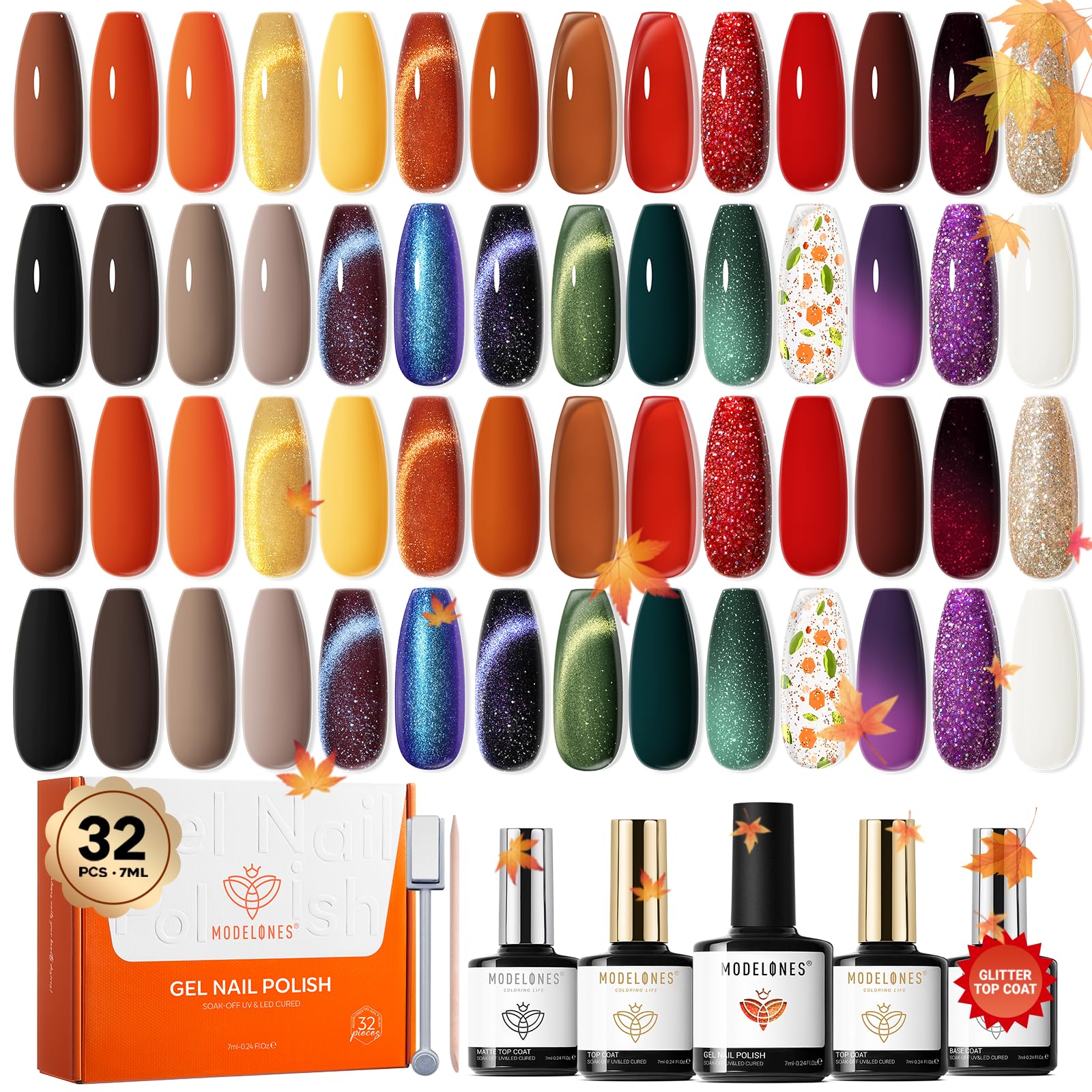 modelones 32 PCS Fall Gel Nail Polish Kit 28 Colors Cat Eye Glitter Brown Red Orange Gel Polish