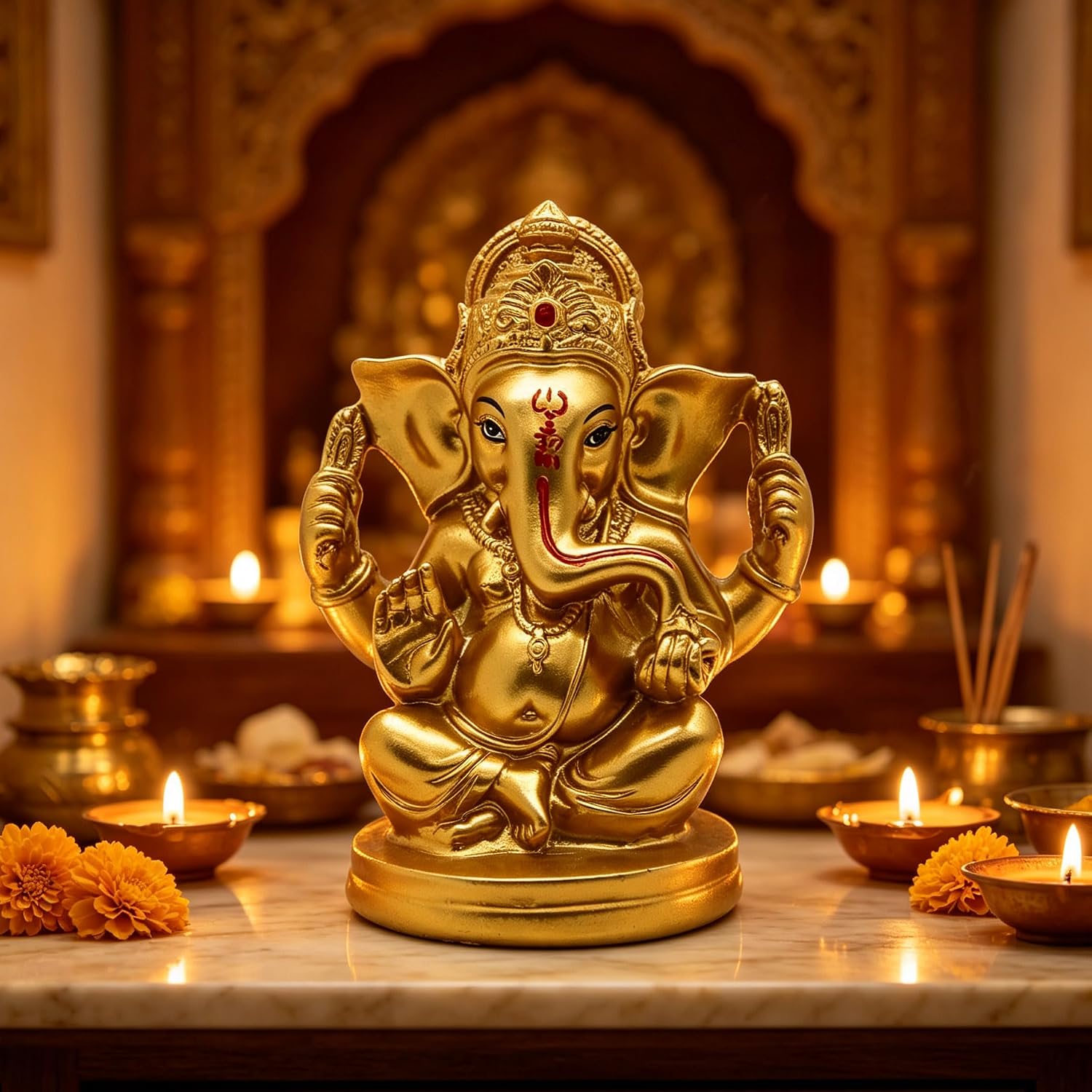 Golden Color Hindu God Lord Ganesha Idol Statue Home Mandir Pooja Altar