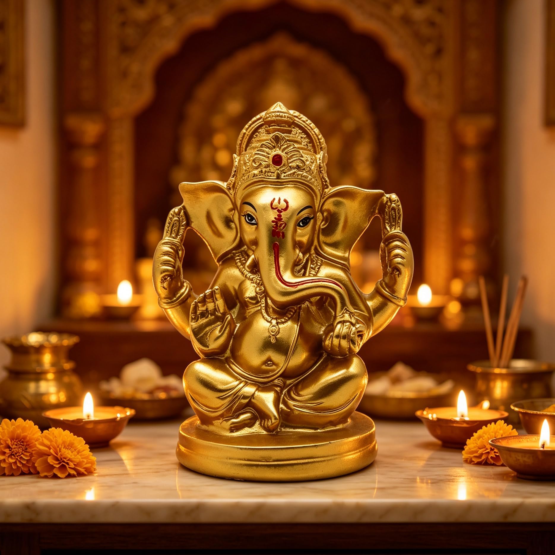 Golden Color Hindu God Lord Ganesha Idol Statue Home Mandir Pooja Altar | 5"H Resin India Hindu Elephant God Ganpati Murti Figurine Puja Item Diwali Housewarming Gift