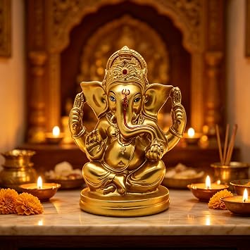 Golden Color Hindu God Lord Ganesha Idol Statue Home Mandir Pooja Altar