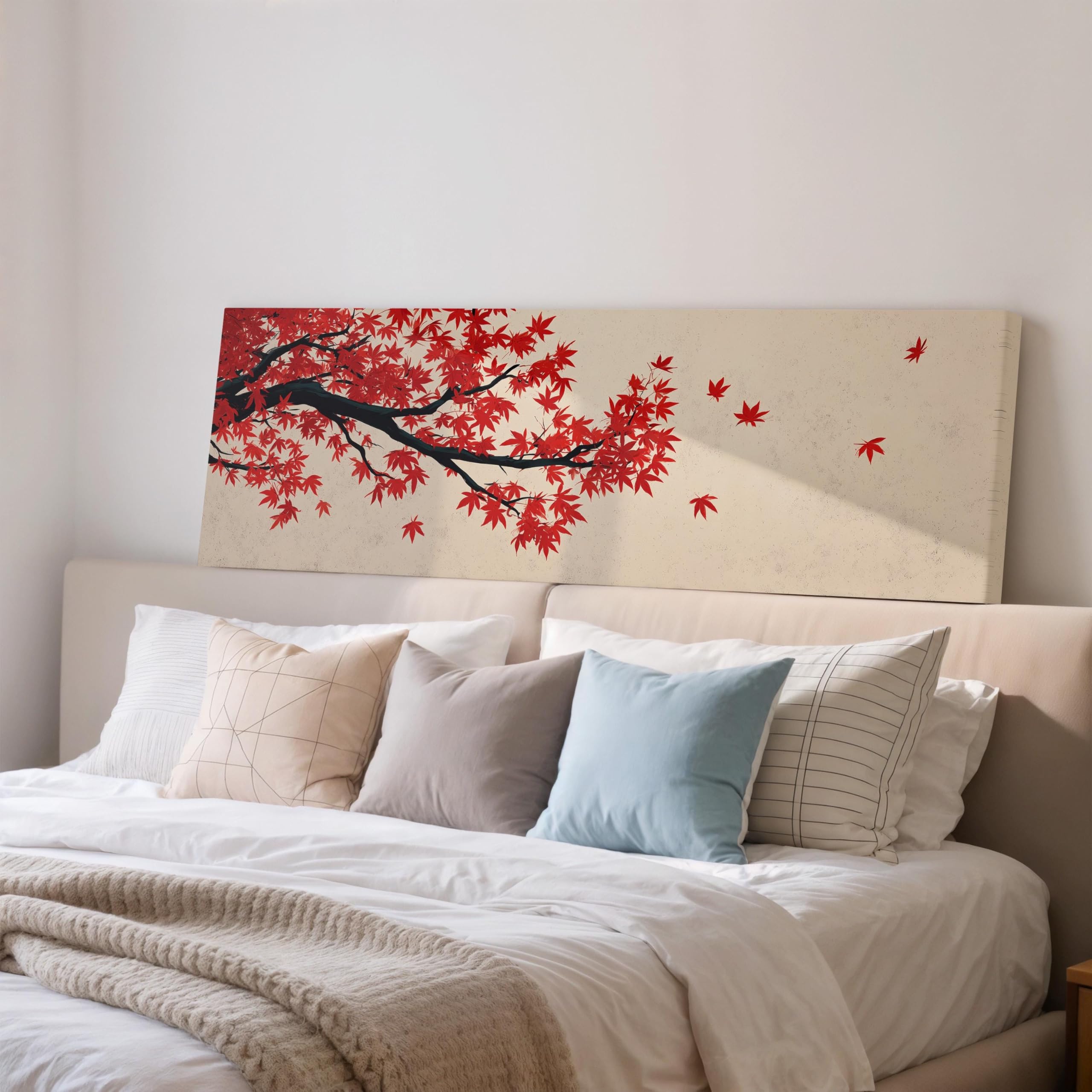 XBTYKPB Japanese Maple Branch Wall Art, Long Narrow Canvas, Wide Panoramic Framed Print, Large Red Decor, Zen Art, Above Bed Art(70x210cm/Frameless)