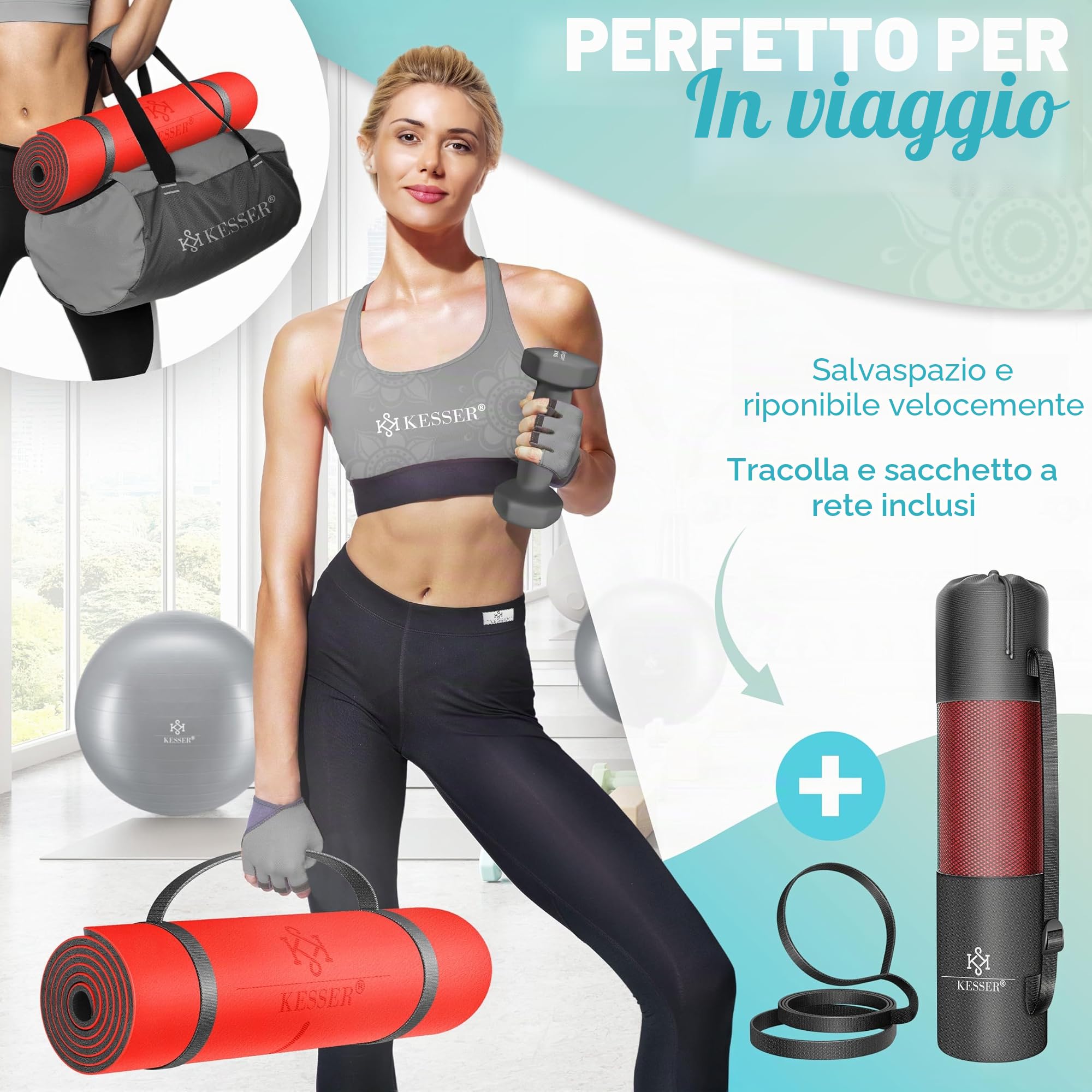 Kesser® - Tappetino da ginnastica con tracolla, in TPE, imbottito e antiscivolo, extra spesso, 183 x 61 cm, per fitness, sport, pilates, yoga, ginnastica e allenamento