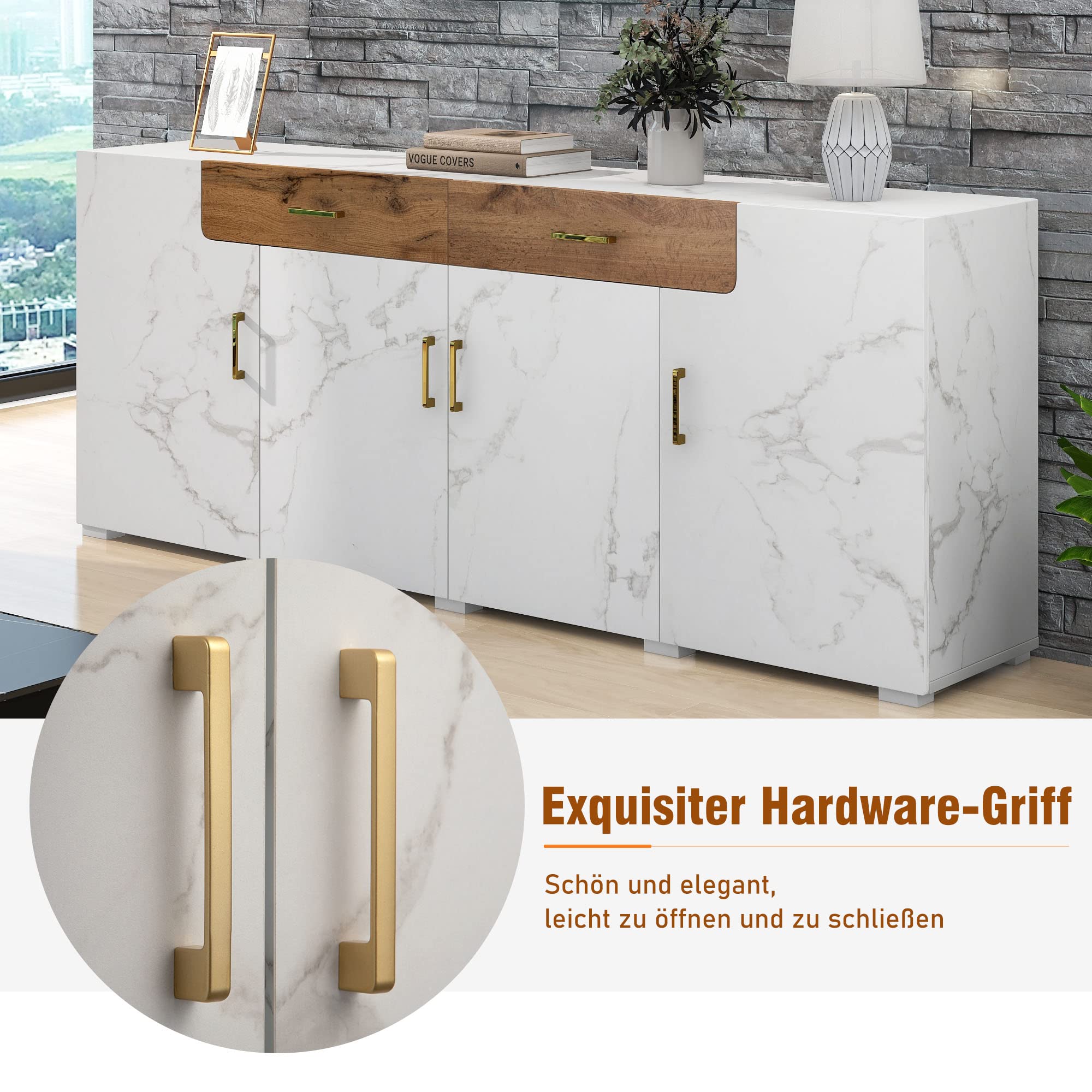 Aparador para Salon, Aparador Cocina Ancho, Buffet Comedor con Puertas con Diseño de Mármol y Cajones, Mueble Armario Cocina de Entrada, Vitrina para Dormitorio y Salón, 208×39,5×80cm (Blanco)