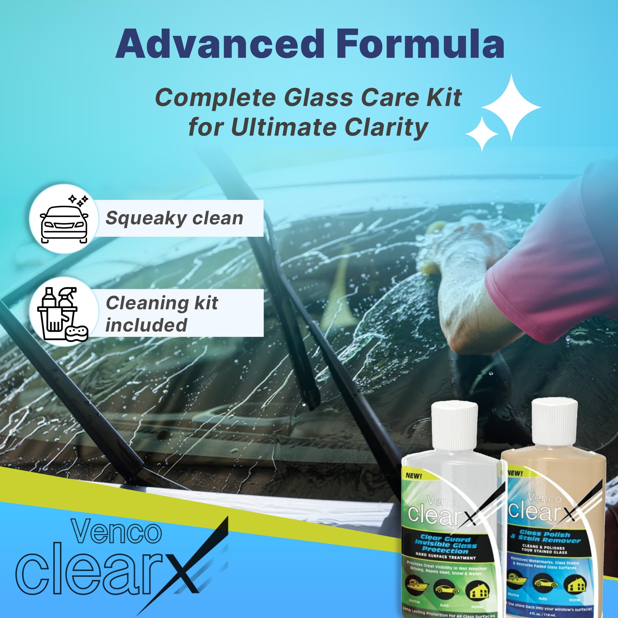 Venco Clear X Multi-Surface Glass Polish - Advanced Oxidation & Water Spot Remover with Clear Guard Technology - Perfect for Yachts, Home Windows, RVs & Car Windshields - Made in the USA - 4oz Kit