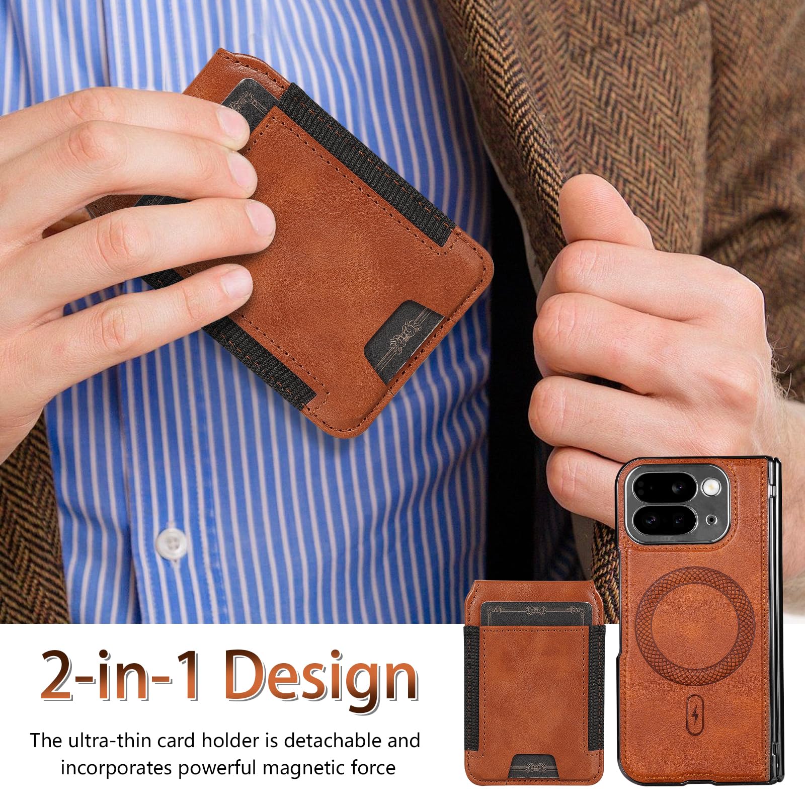 Funda Cartera para Google Pixel 10 Pro Fold 2025 con Soporte 2 en 1, Marrón | Tarjetero Desmontable para 4 Tarjetas, Soporte Vertical y Horizontal, Protector Frontal de Vidrio Templado, Exterior de PU