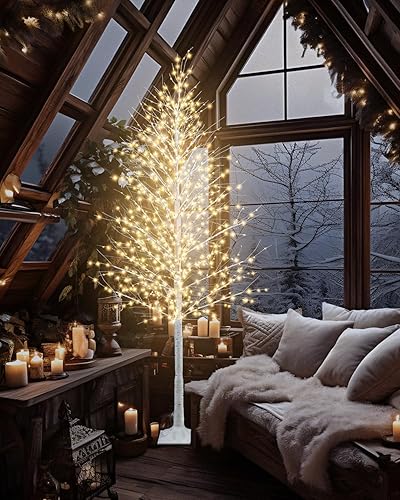 Miniatura 7 de TORONTOKYO Árbol de abedul iluminado de 8 pies, 1440 luces LED blancas cálidas, 8 modos de iluminación, árbol de Navidad artificial blanco con