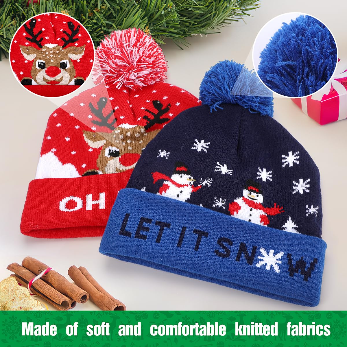 Sombrero de Navidad de punto LED, 2 piezas de gorro de Navidad Gorro de invierno, nieve, vacaciones, para niños, hombres, mujeres, niños, niñas, festival de Navidad, fiesta de cumpleaños