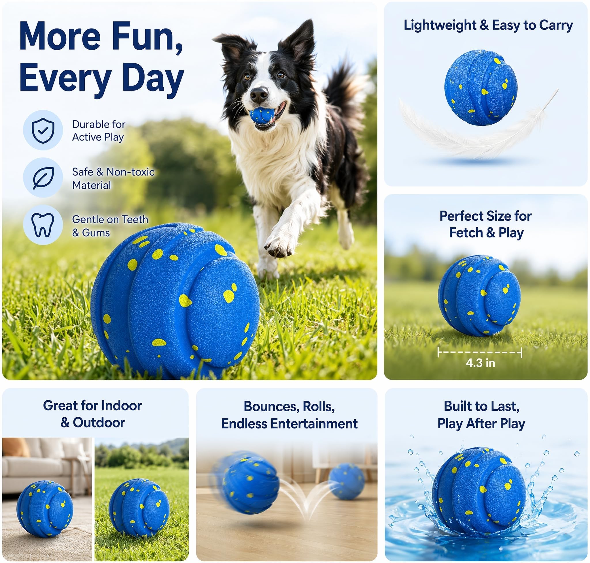 Balle interactive pour chien pour mâcheurs agressifs, jouets à mâcher pour chien, jouets d'enrichissement pour chien, mouvement automatique, rebondissement, rotation, rechargeable de type C