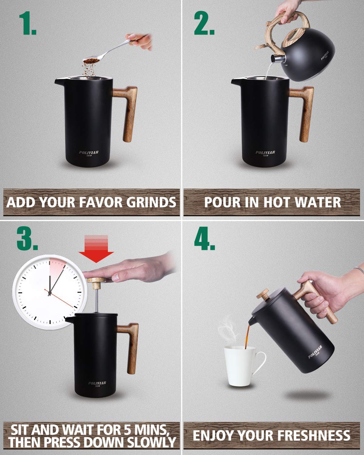 POLIVIAR French Press Coffee Maker, 34 Ounce Coffee Press with Real Wood Handle, Double Wall