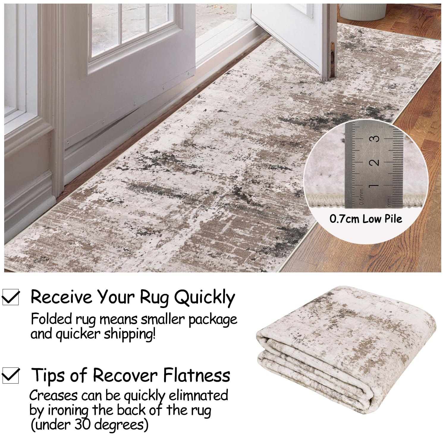 Cekene Runner Rugs for Hallway Non-slip Taupe 65x180cm Washable Kitchen Rug Distressed Hallway Runner Mat Low Pile Floor Carpet for Entrance Bathroom Laundry Bedroom - Image 4