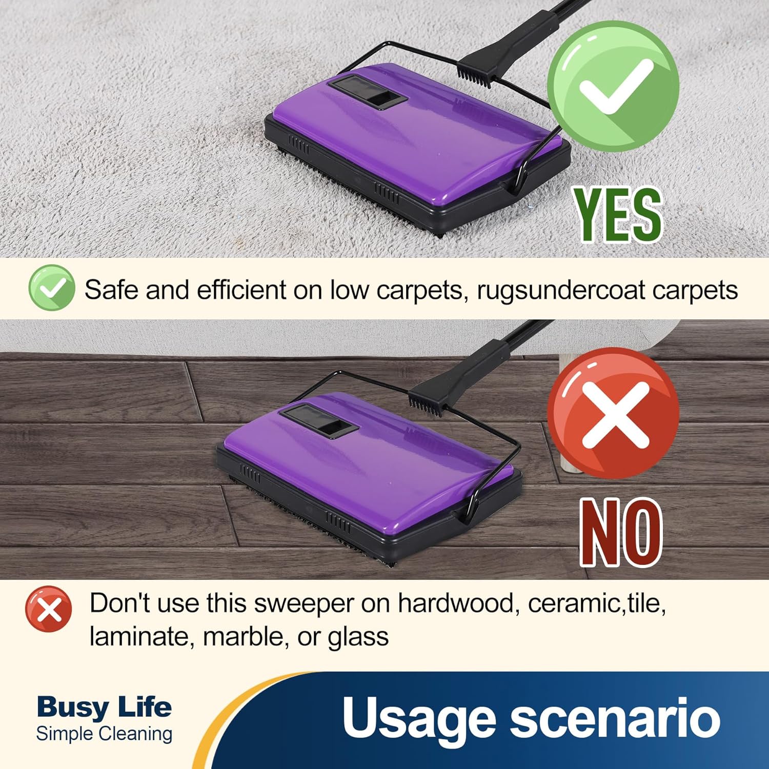 Yocada Carpet Sweeper Cleaner Manual Household Sweeper for Home Office Low&Undercoat Carpets Rugs Pet Hair Dust Scraps Paper Small Rubbish Cleaning with a Brush 48.03"