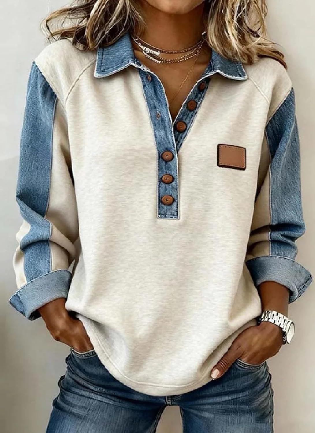 CZLFDFZ Women's Denim Contrast Button Down Shirt Long Sleeve Polo Collar Casual Button Down Top 2025 Fall Winter Tees - Image 2