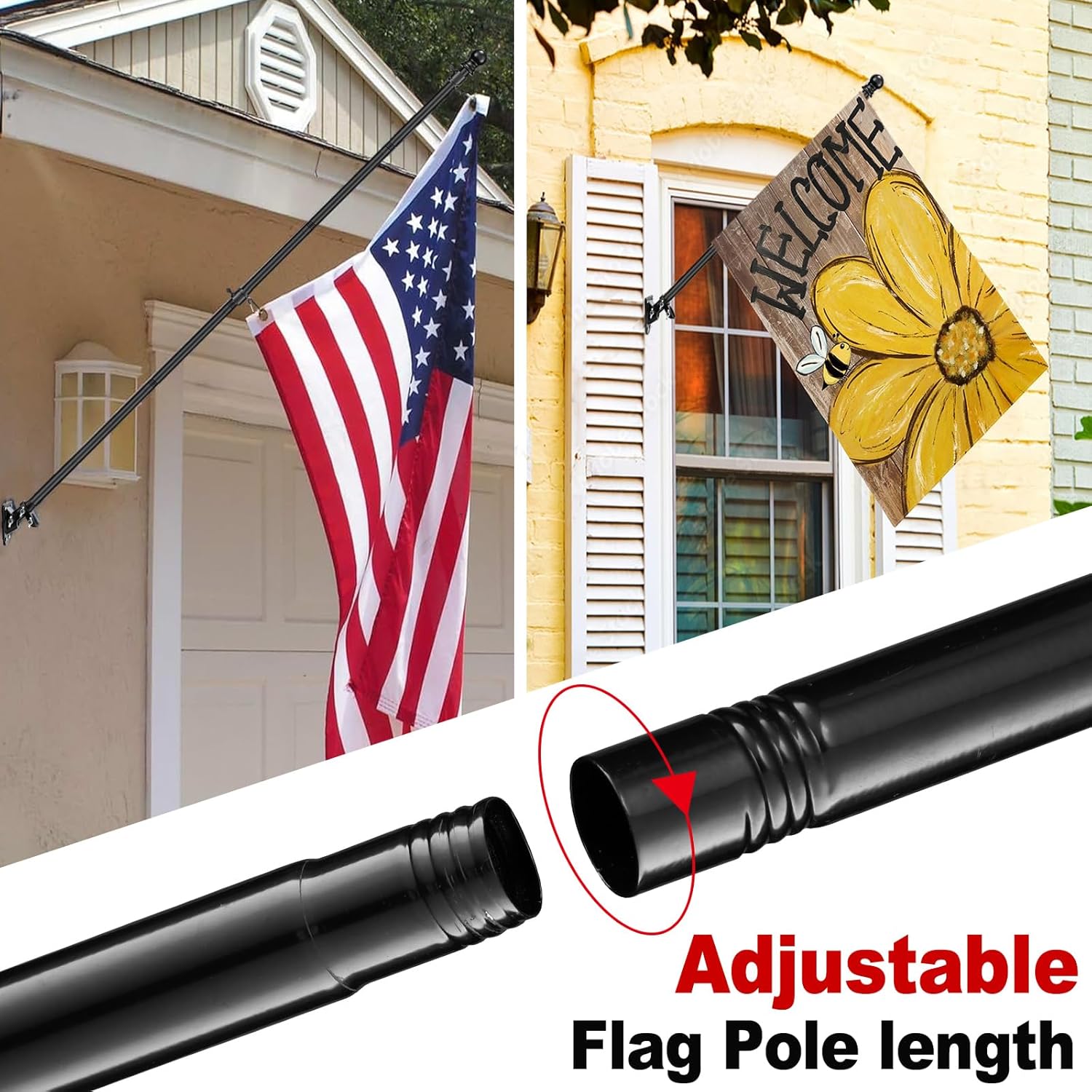 House Flag Pole Kit - 5ft Tangle Free Flag Pole Holder for Outside House - Heavy Duty Stainless Steel Flag Poles for 3x5 Flags Outdoor,Metal Porch Flagpole with Bracket - Black - Image 4