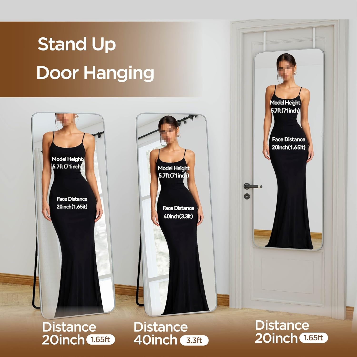 NARCISSUS 57x20 Mirror Door Hanging Full Length Body with Floor Stand or Wall Mounted Metal Aluminum Frame Tempered Glass Rectangle Mirrors for Bedroom Dressing Living Room Bathroom 57 inch Silver