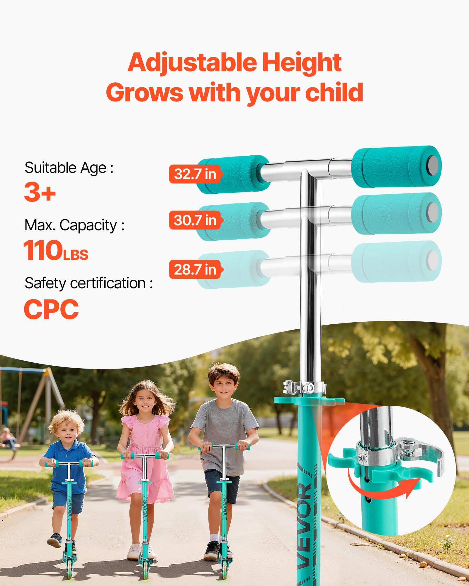 VEVOR Monopattini a Spinta per Bambini, Monopattino Mobilità Urbana a 2 Ruote Luminose, Manubrio Regolabile in Altezza, Pedana Antiscivolo, Telaio Pieghevole e Leggero Fino a ca. 50 kg, Colore Verde