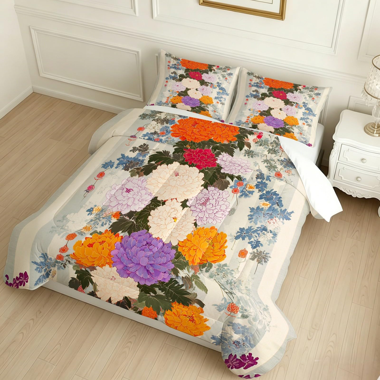 Edredón Decorativo 4 Estaciones Crisantemo 220 x 240 cm Gris Claro Relleno Nórdico Suave, Estilo Moderno Lavable