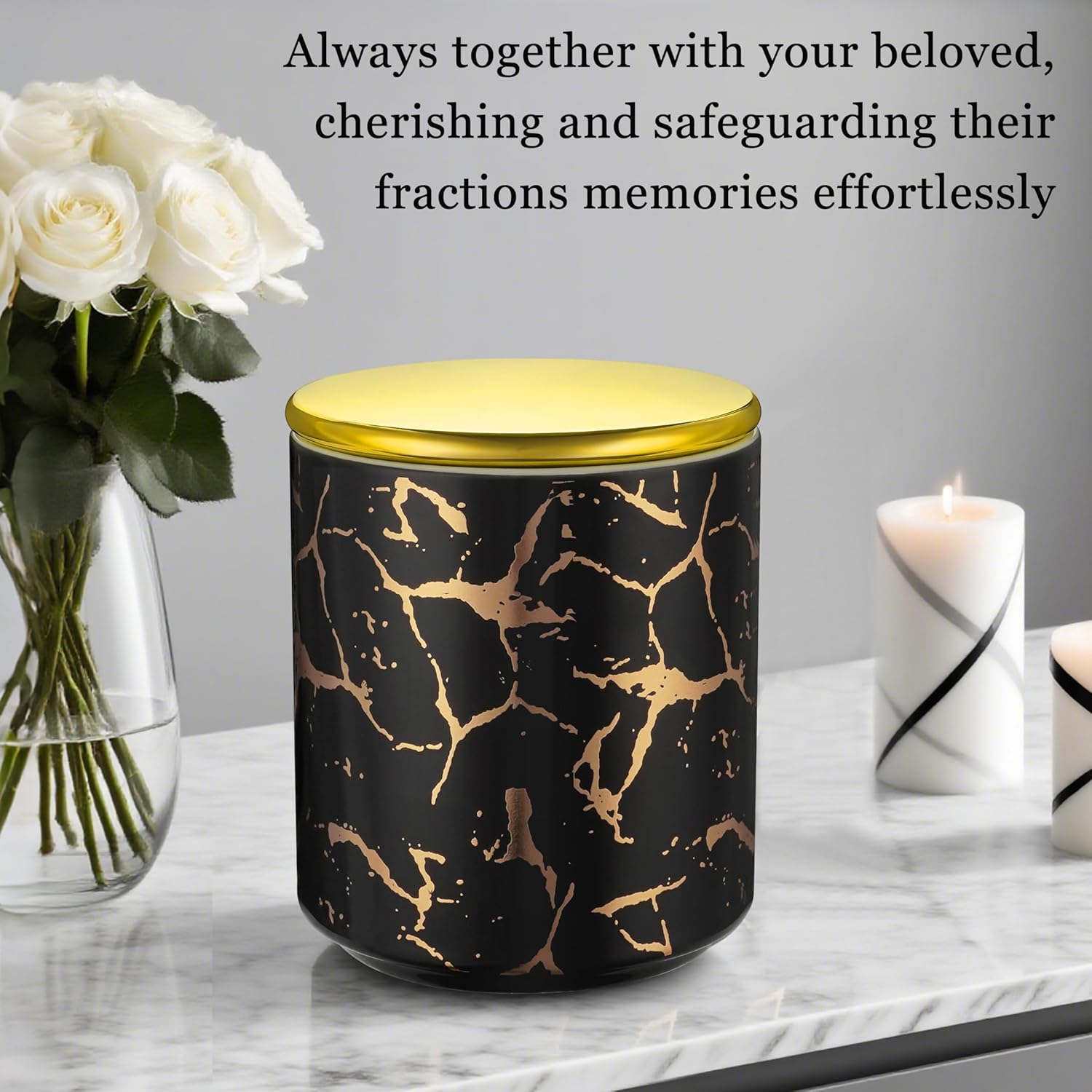 SOITIS Customized Ceramic Mini Urn for Human Ashes - 4.3 Inches Golden Black Marble Holder, Small Urns for Ashes, Memorial Keepsake Decorative Urn, Engraving Cremation Funeral Urns for Women Men