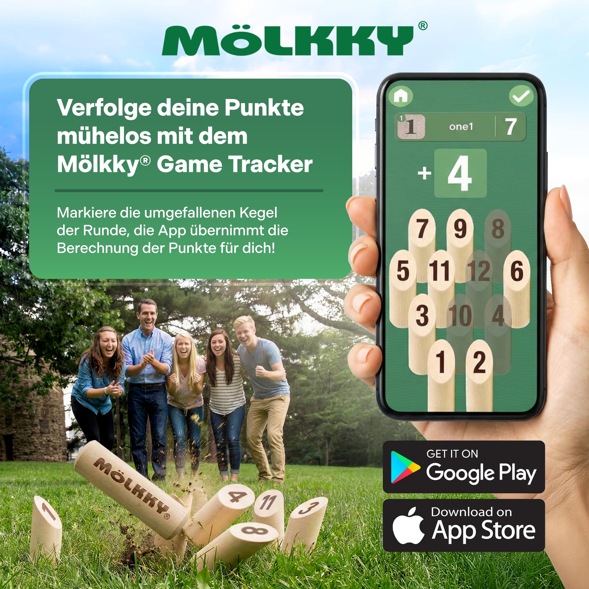 Mölkky Original - Holz Wurfspiele für Draußen, Garten, Picknick, Strand, Freizeit, Camping - Birkenholz 12 Kegel,1 Stock, Spiel Outdoor für Familie, Gruppen, 2+ Spieler, ab 6 Jahren