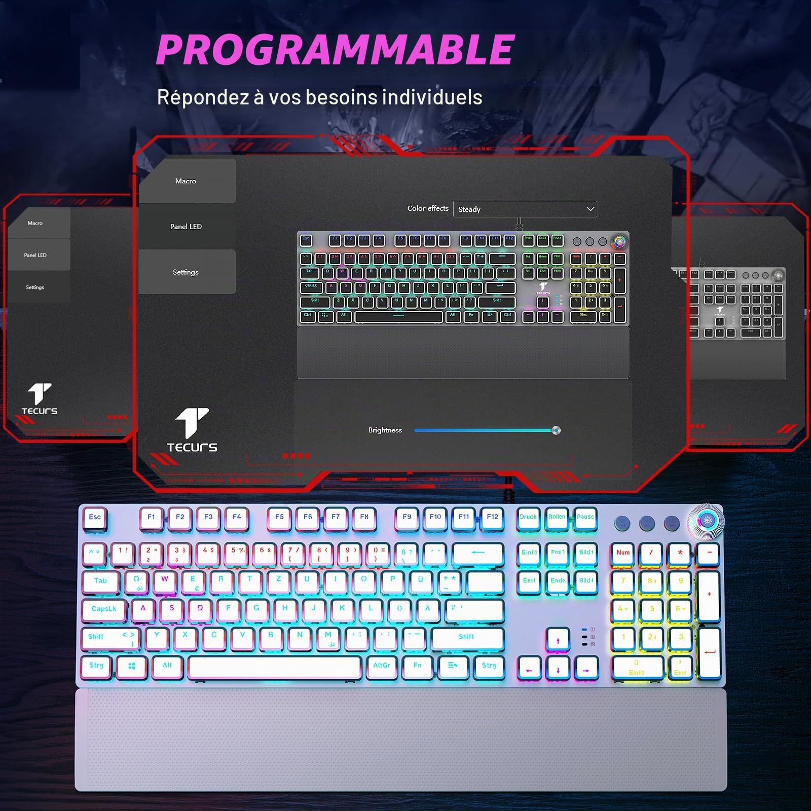 TECURS Clavier de jeu mécanique avec repose-poignet magnétique et commutateurs rouges, clavier filaire QWERTZ éclairé, 105 touches avec anti-ghosting et bouton rotatif multimédia pour PC/PS5/PS4