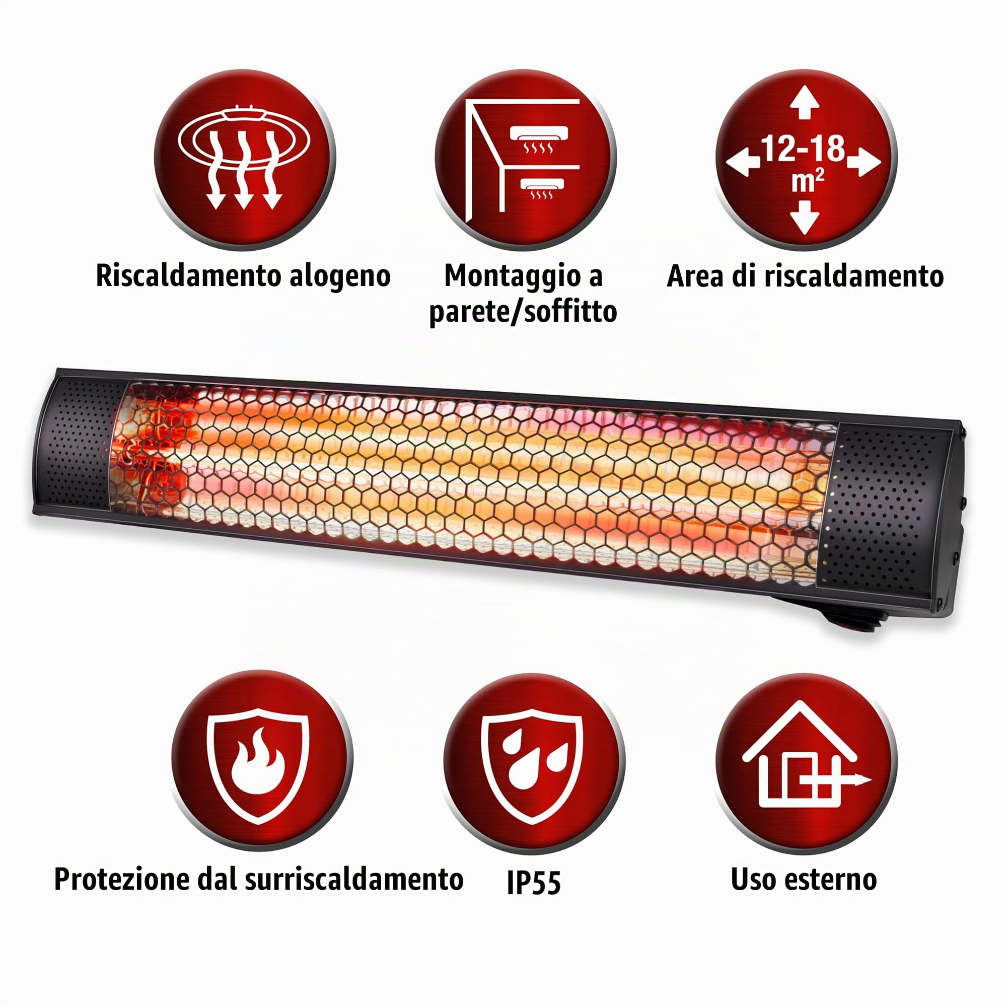 alpina XD-YS2000DE - Stufa a infrarossi 2000 W, per uso interno ed esterno, certificato IP55, fissaggio a parete o soffitto, 57 x 11,5 x 11 cm, colore: Nero
