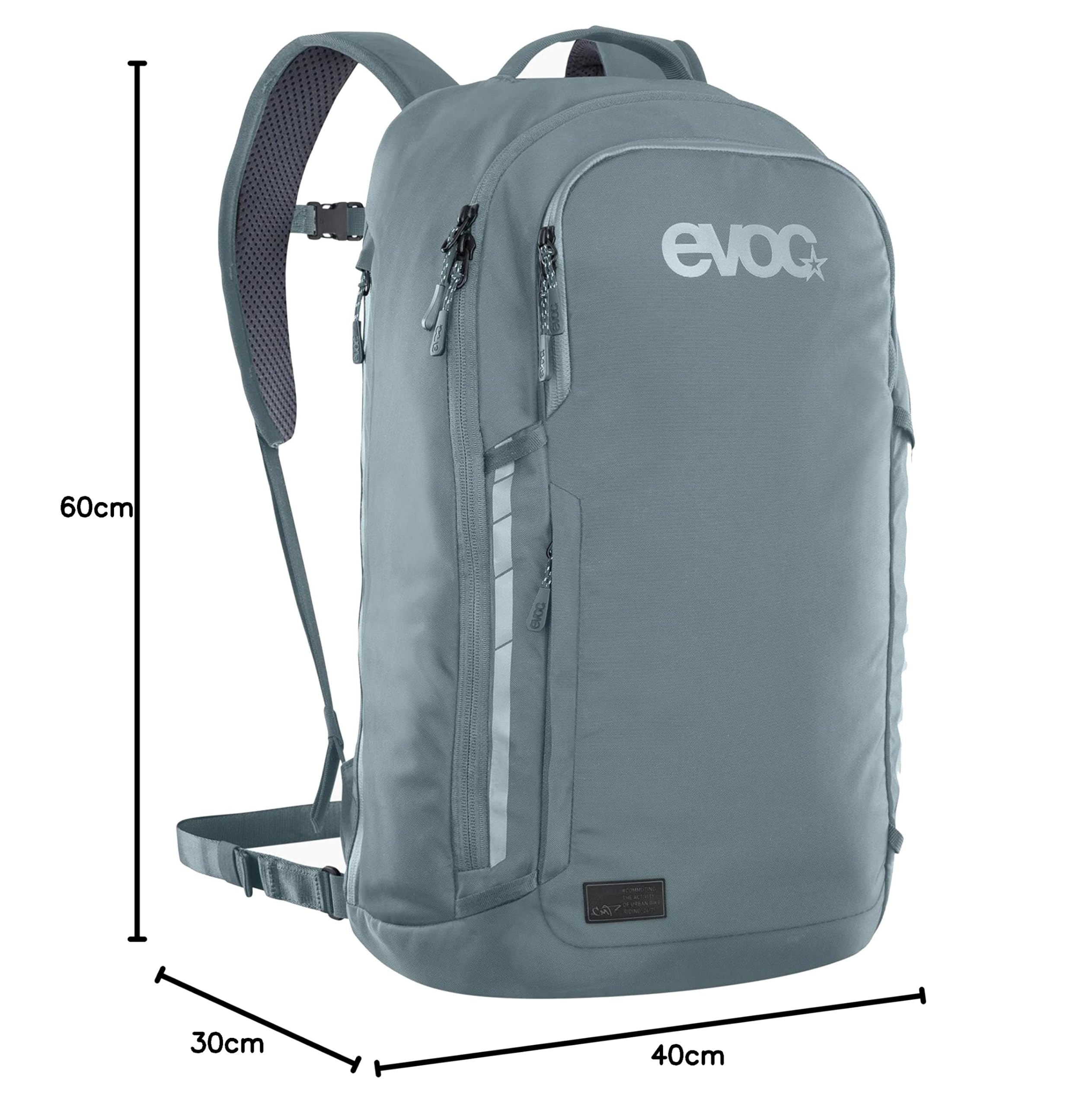 Plecak EVOC COMMUTE 22 (plecak rowerowy, z systemem wentylacji, kieszenią na laptopa, odblaskowy nadruk, waga: 860 g, wymiary: 17 x 28 x 52 cm, pojemność: 22 l), stalowy