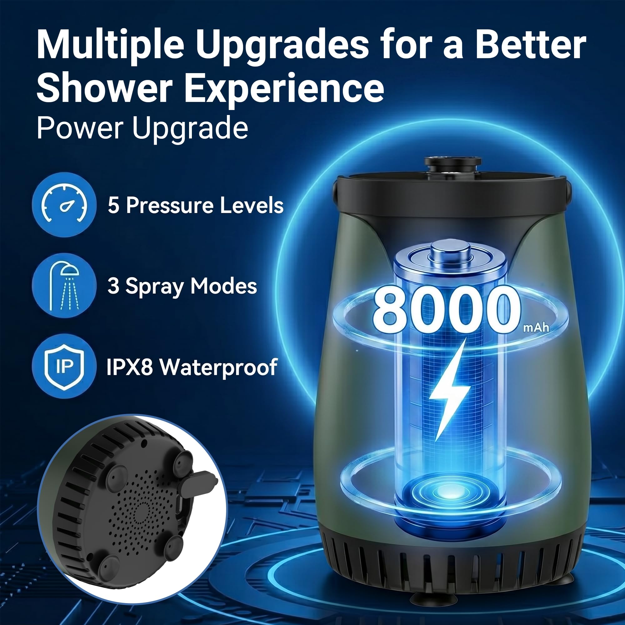 Douche de camping portable, 8 000 mAh, longue durée, rechargeable avec écran LED, 5 modes de pulvérisation, haute pression d'eau, pompe de camping étanche IPX8 pour randonnée, voyage, voiture