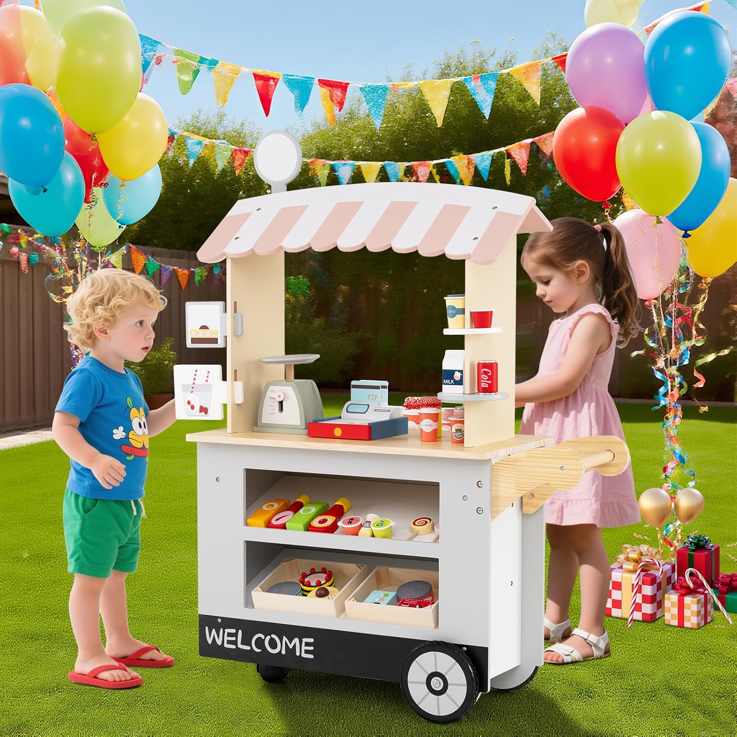 HONEY JOY Kids Food Cart, 30-Piece Toddler Pretend Play Grocery Store Playset w/Cash Register & Scale, Wooden Dessert Shop Play Market, Children Beverage Stand Cart w/Wheels, Gift for Boys Girls