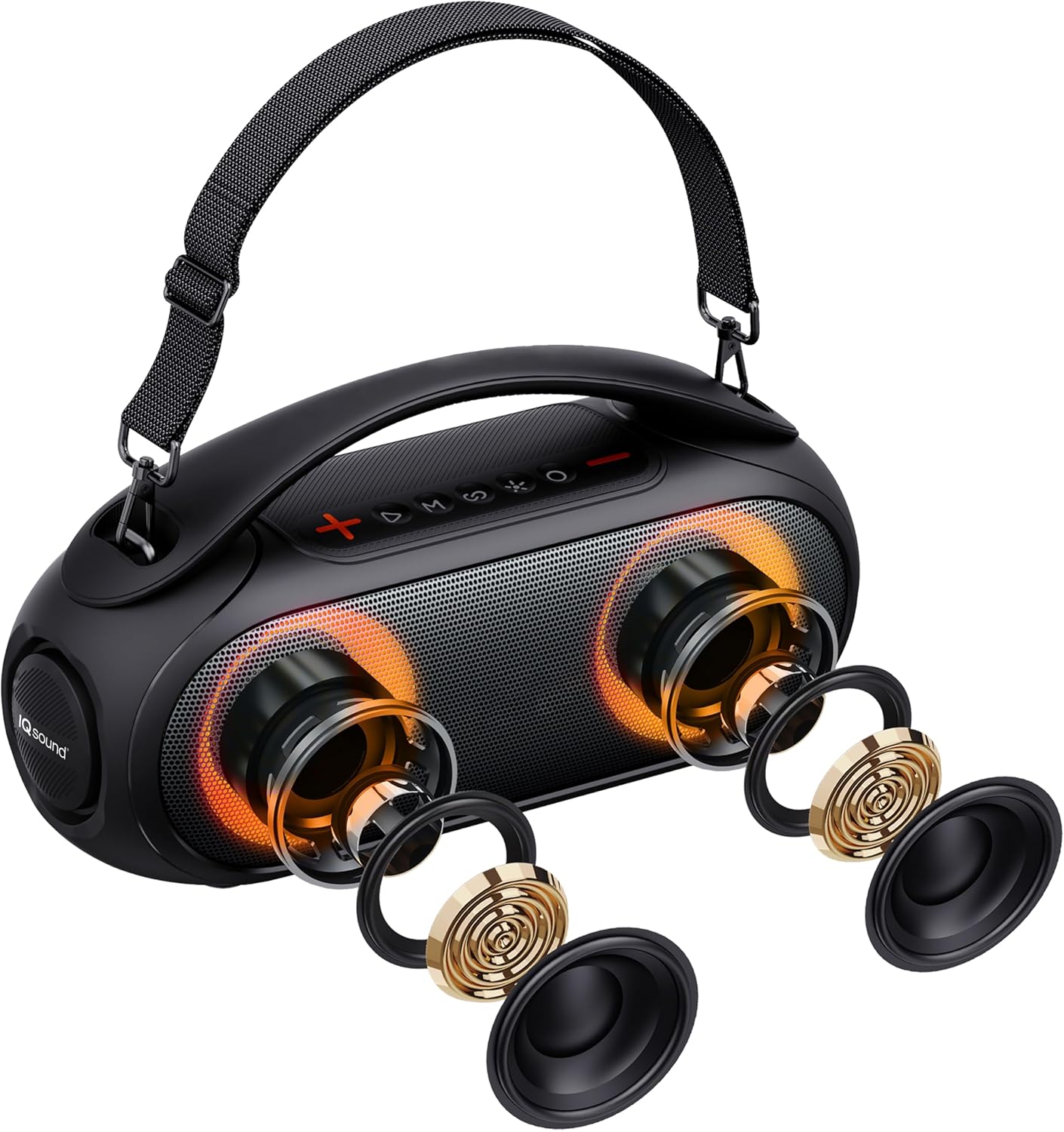 IQ Sound IQ-3530RGB speaker with shoulder strap attached and internal components visible