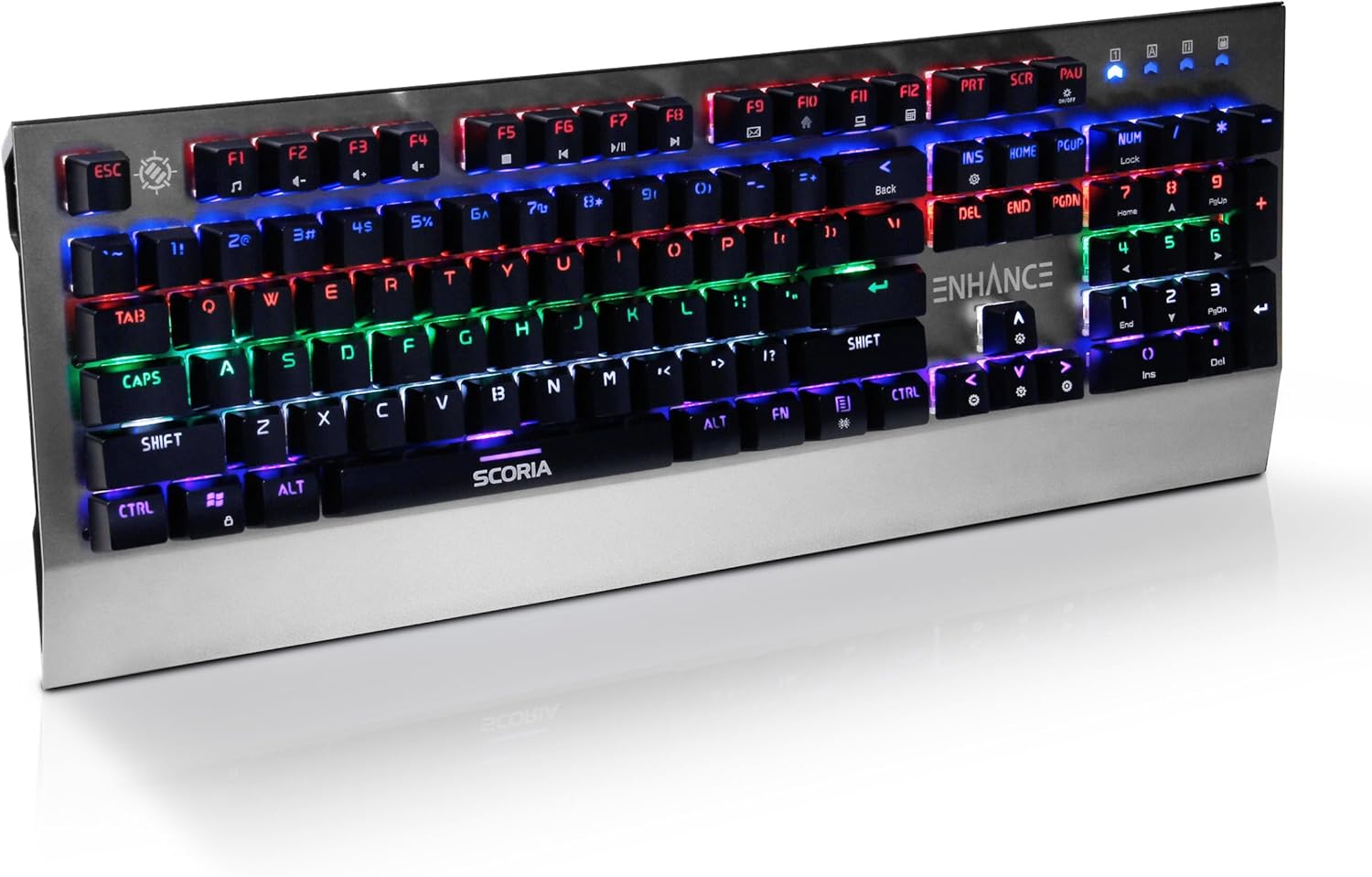 ENHANCE LED Mechanical Gaming Keyboard - Red Switches 104 Backlit Keys Pro Series FPS/MOBA Brushed Aluminum Metal - Anti Ghosting, N-Key Rollover, 10 Lighting Modes - Scoria Tournament Keyboard