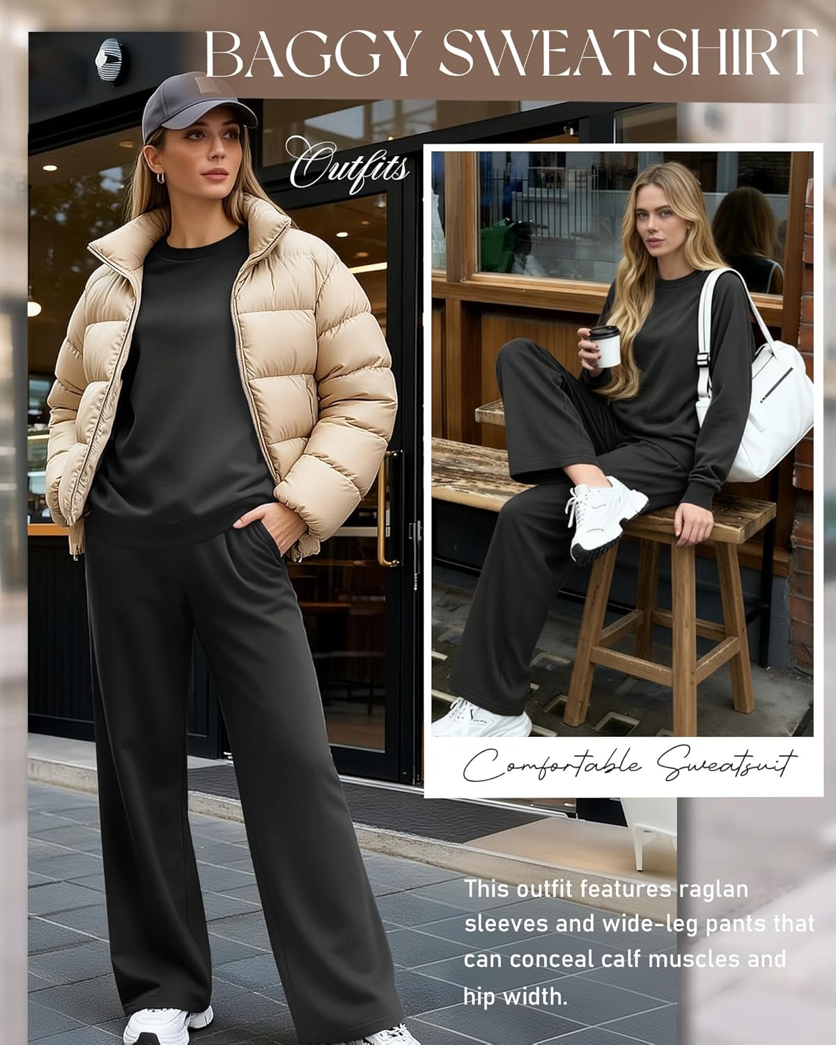 Women's 2 Piece Lounge Sets Sweatsuit Comfy Outfits Baggy Sweatshirt Wide Leg Elastic Waist Pants with Pockets - Image 2