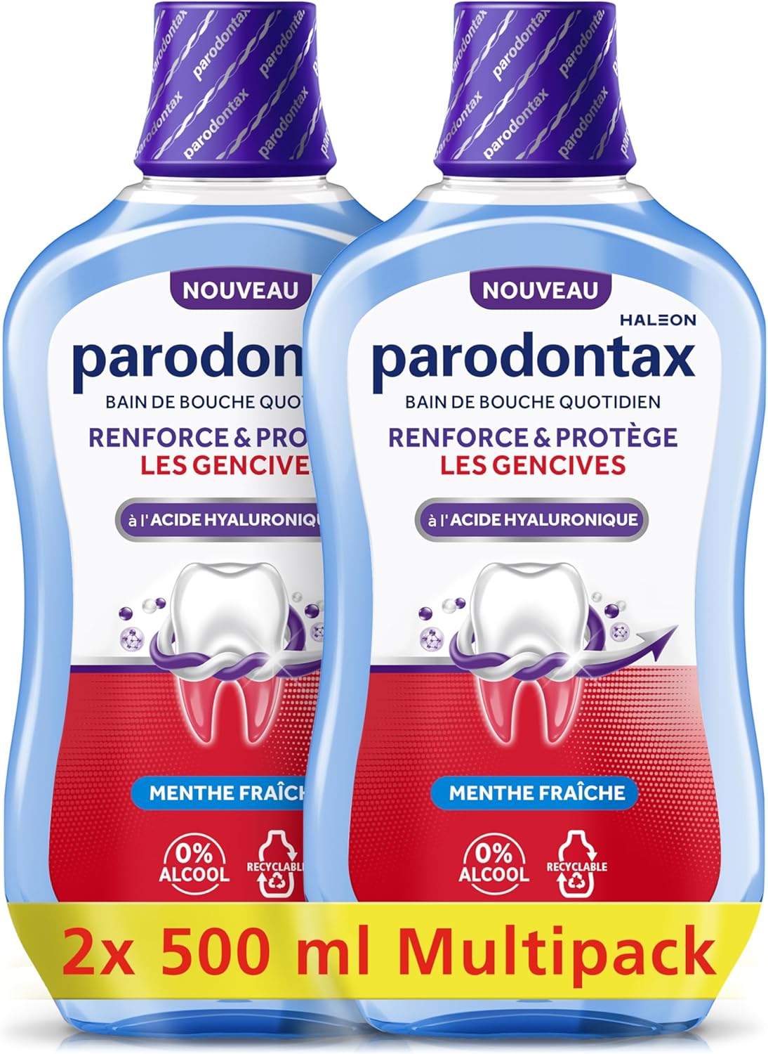 PARODONTAX - Bain de Bouche Quotidien à l'Acide Hyaluronique - Renforce & Protège les Gencives - Combat les Bactéries de la Plaque Dentaire - 0% Alcool - Menthe Fraîche - 2 x 500 ml