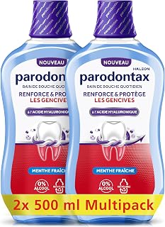 PARODONTAX - Bain de Bouche Quotidien à l'Acide Hyaluronique - Renforce & Protège les Gencives - Combat les Bactéries de la Plaque Dentaire - 0% Alcool - Menthe Fraîche - 2 x 500 ml