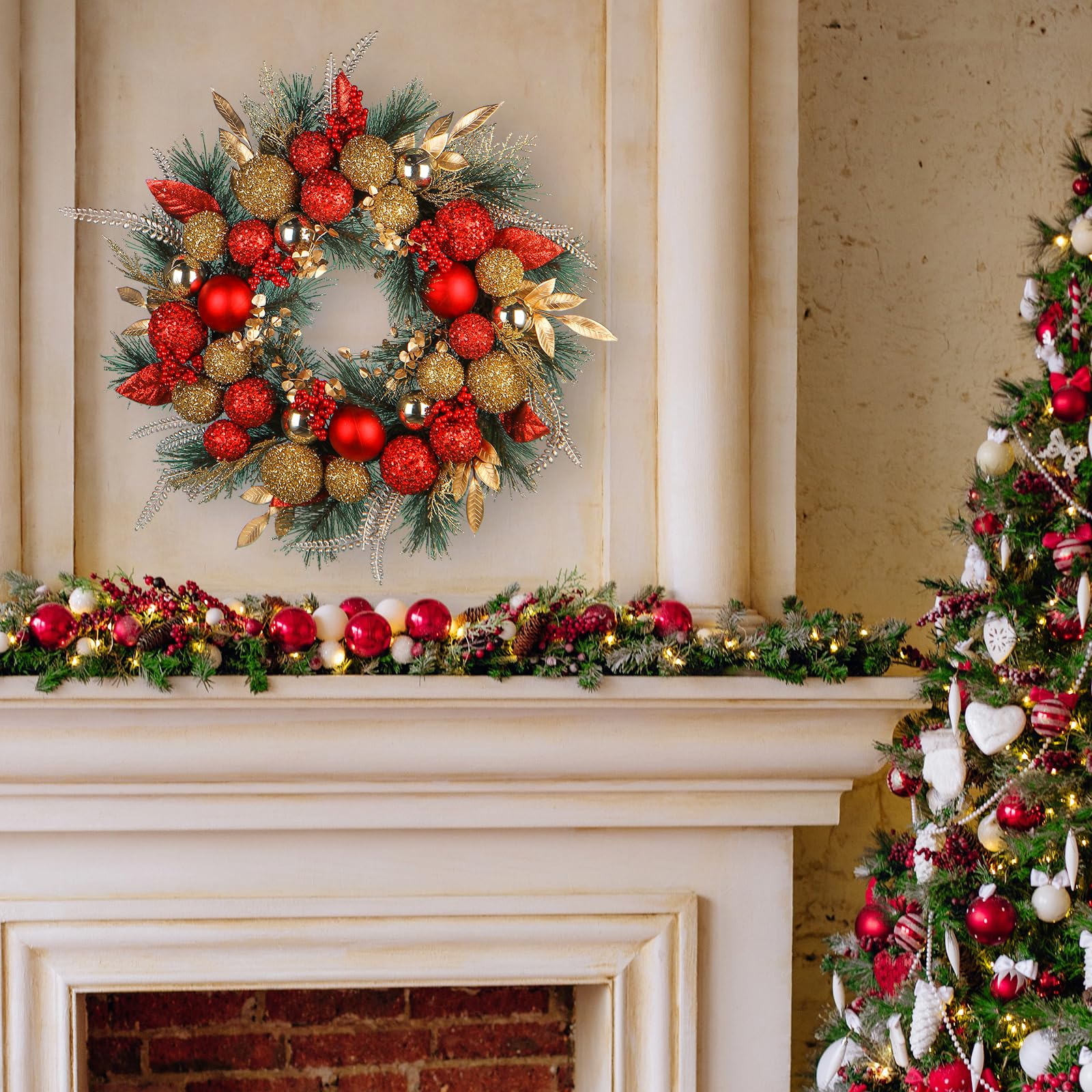 26 Inch Christmas Wreath for Front Door with Pine Needles Berries, Leaves Golden Balls Red Balls Decorations for Front Door, Wall, and Home Indoor/Outdoor Christmas Decor