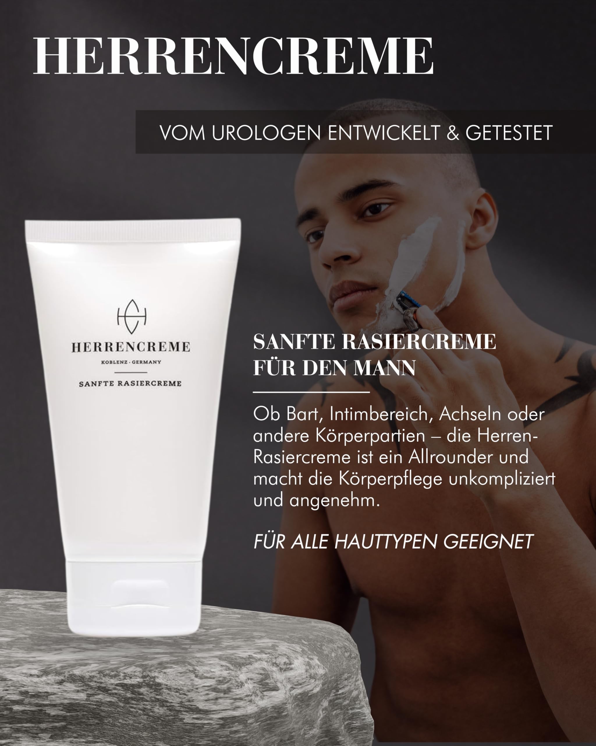 HERRENCREME Rasiercreme für Männer 150 ml I Sanfte Rasur & Pflege I Rasiercreme für Gesicht & Intimbereich Herren I Shaving Cream Men I Vom Urologen entwickelt I vegan & dermatologisch getestet