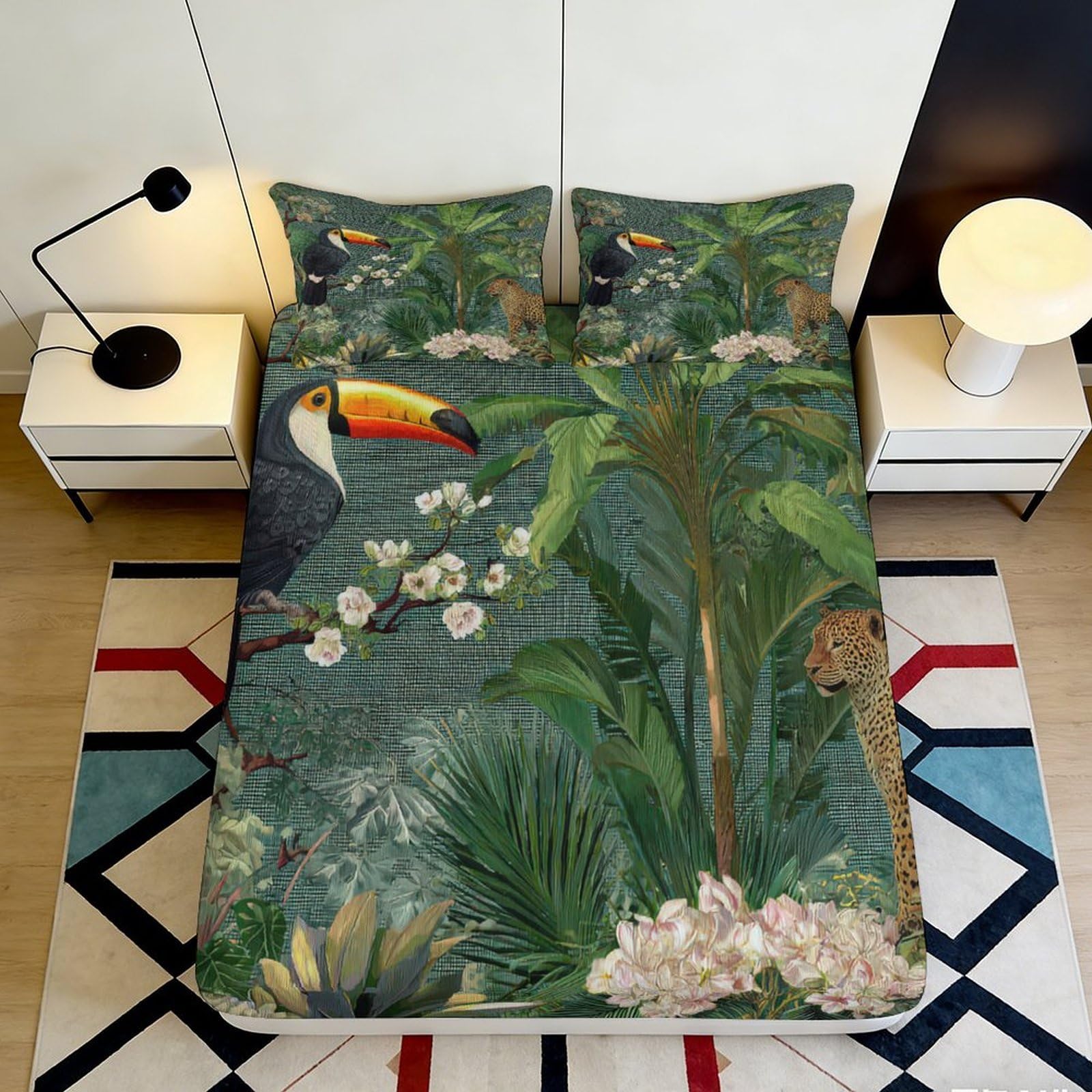 3D Printed Tropical Toucan Fitted Sheet Microfiber Anti-Slip Jungle Leopard Bed Cover for Bedroom Guest Room Decor 180x200x25cm