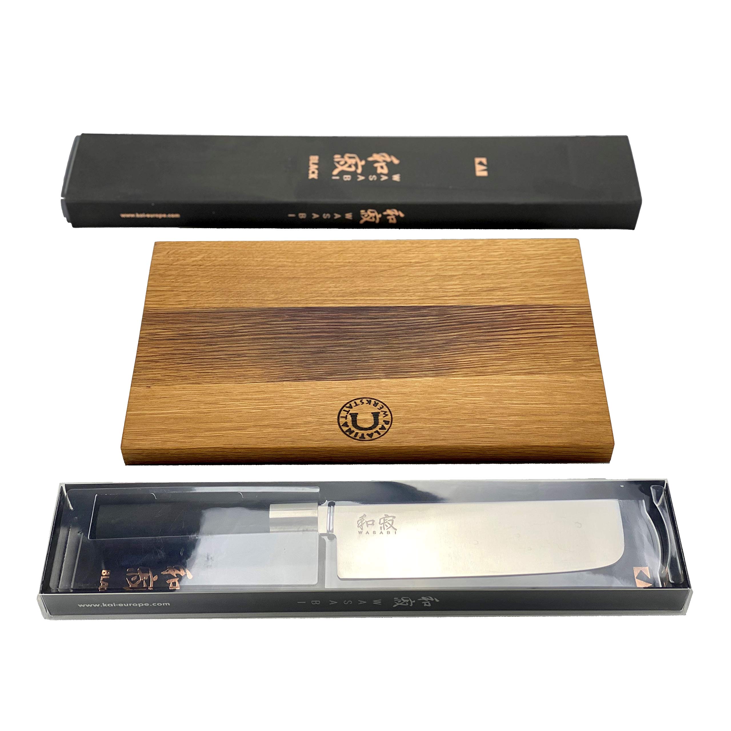 KAI Wasabi Black Geschenkset Nakiri Messer Japanisches Küchenmesser ultrascharf mit Eiche Schneidebrett 30x20 cm – Gemüsemesser Set für Hobbyköche & Küche