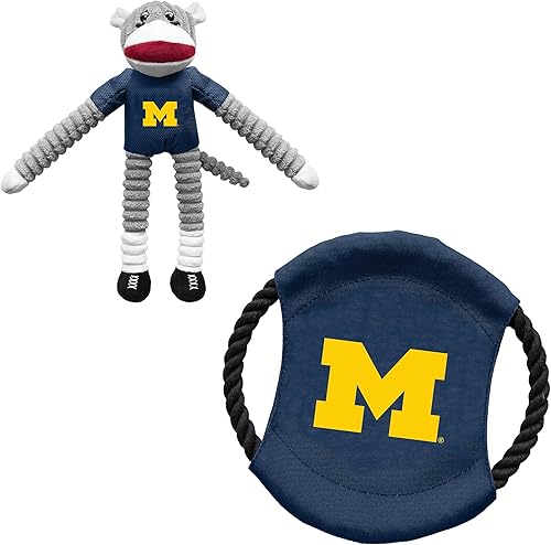 Littlearth Michigan Wolverines NCAA Sock Monkey and Flying Disc - Juego combinado de juguetes para mascotas