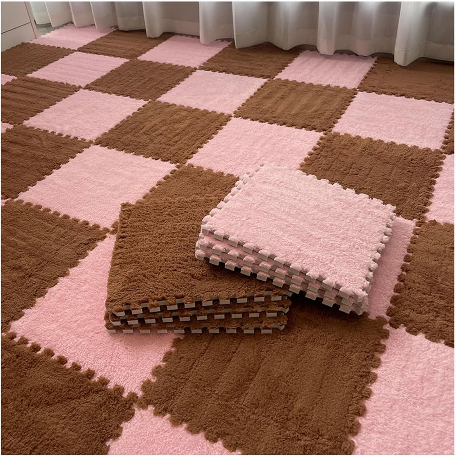LoiYtrd Plush Carpet Puzzle Mats For Floor Interlocking Foam Floor Mat 30x30cm Carpet Square Fluffy Foam Tiles(Pink+Brown)