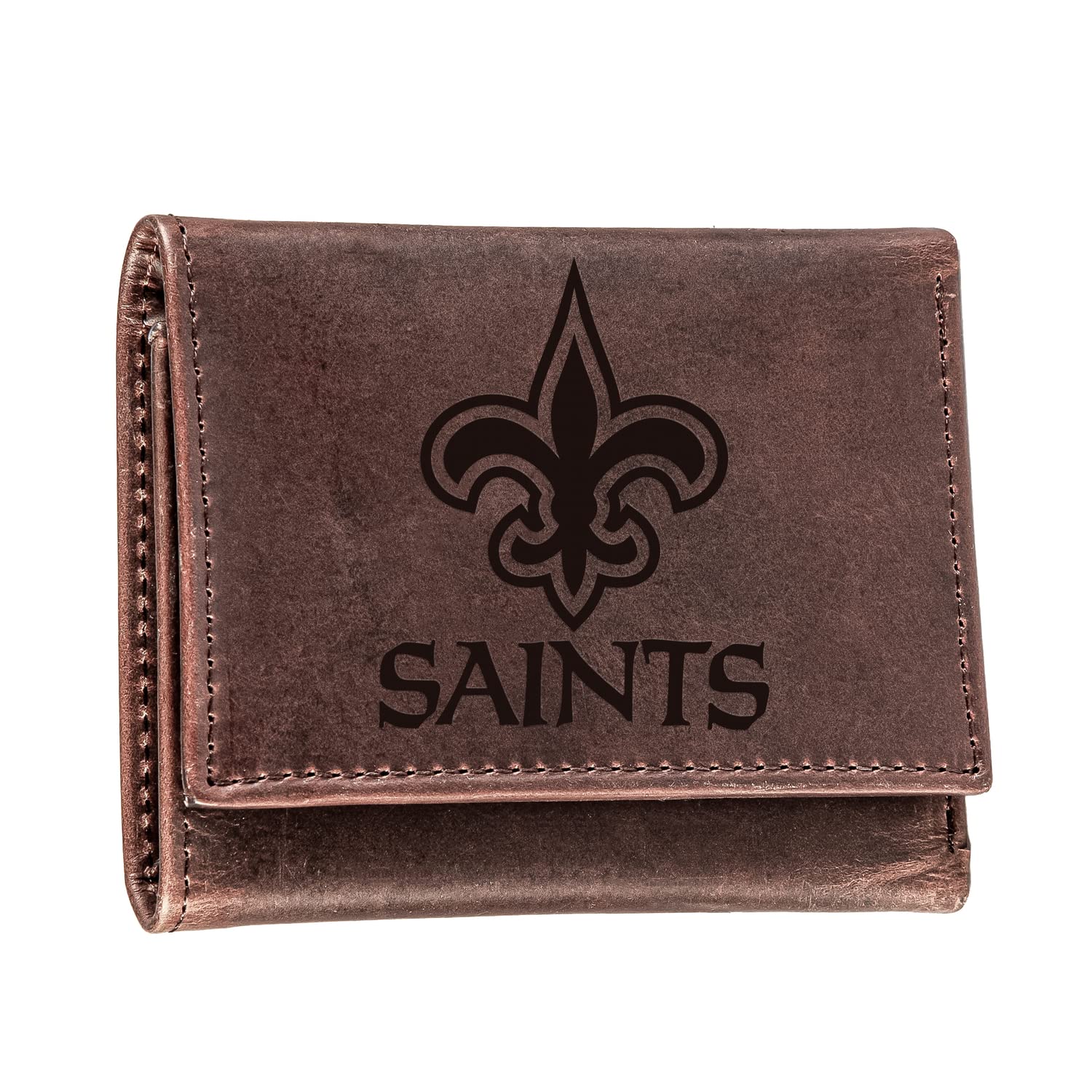 Evergreen Team Sports America NFL New Orleans Saints Brown Wallet | Tri-Fold | Officially Licensed Stamped Logo | Made of Leather | Money and Card Organizer | Gift Box Included