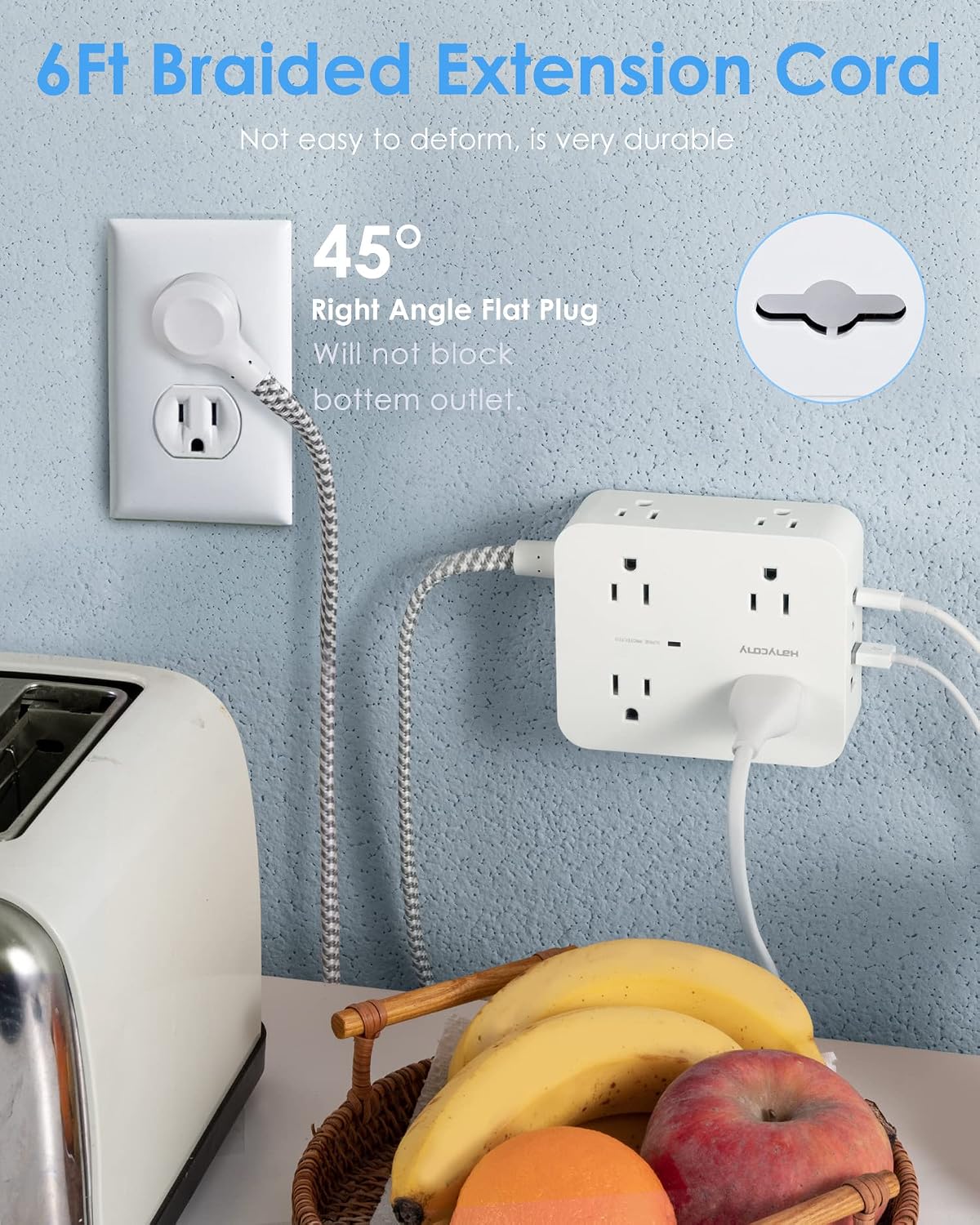 HANYCONY 6Ft Surge Protector Power Strip USB C, 1080J, 8 Outlet Extender