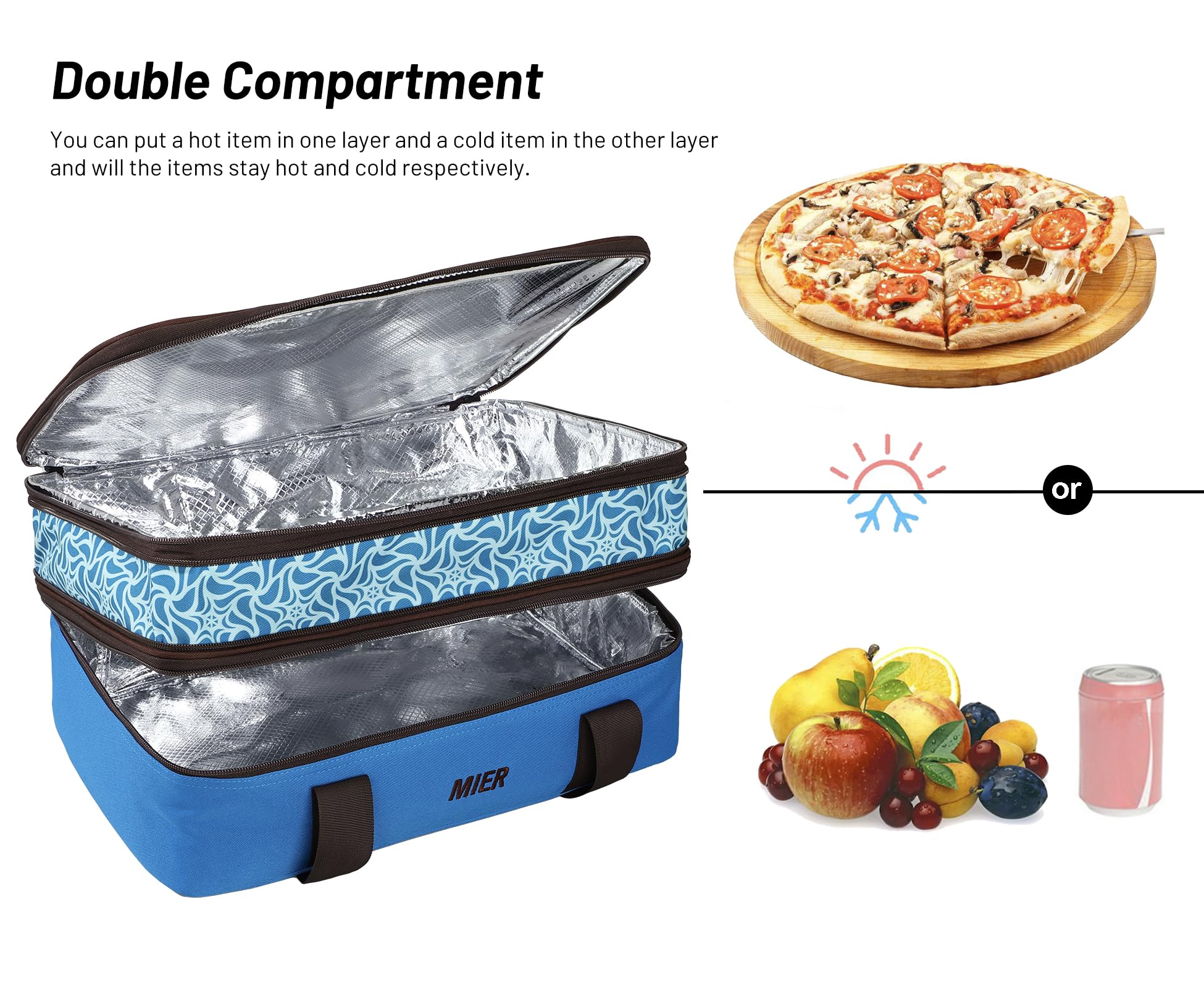 MIER Bolsa de transporte de doble cacerola térmica para equipaje de lasaña, fiestas de comida, picnic, playa, se adapta a platos de hornear de 9 x 13 pulgadas, cacerola, expandible por cremallera