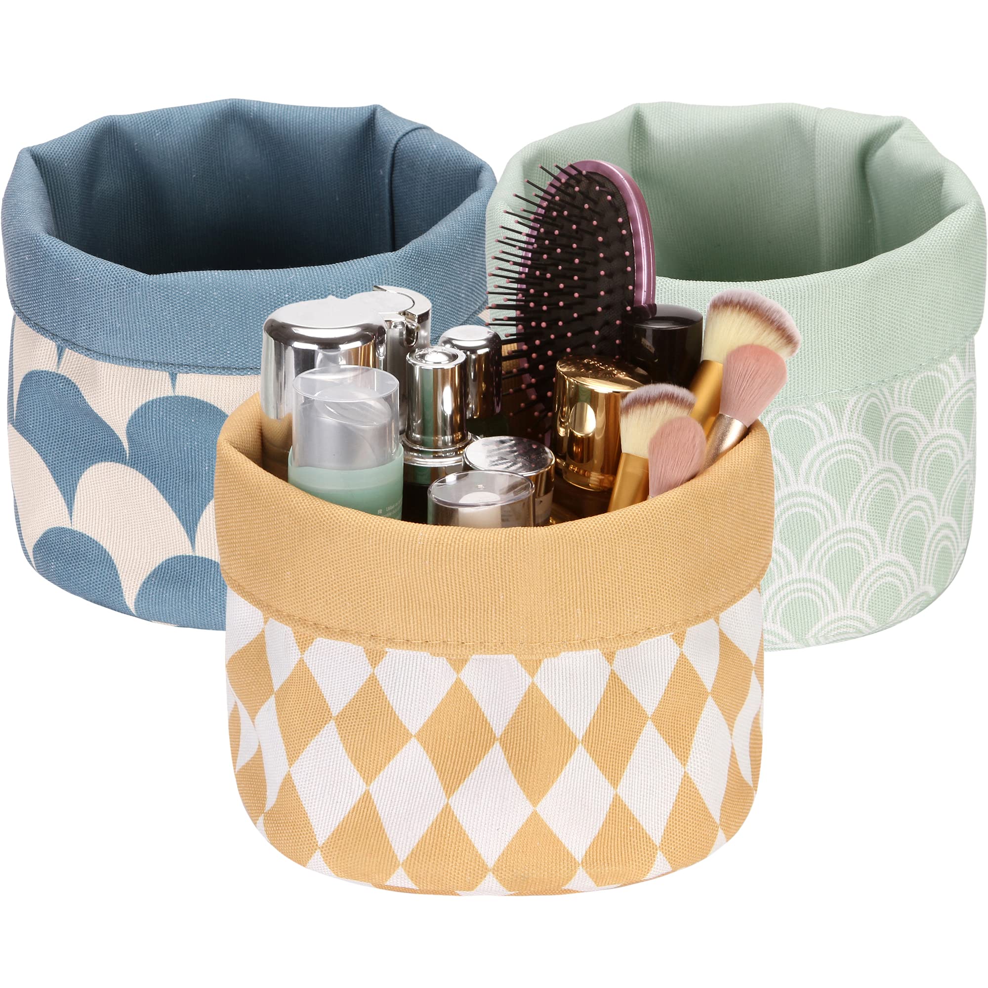 Sea Team 3-Pack Canvas Fabric Cosmetic Makeup Organizer, Small Toiletry Storage Basket, Caddy, Case for Vanity, Countertop, Entryway, Bathroom, Kid’s Room, 7.5 x 8 Inches, Colorful