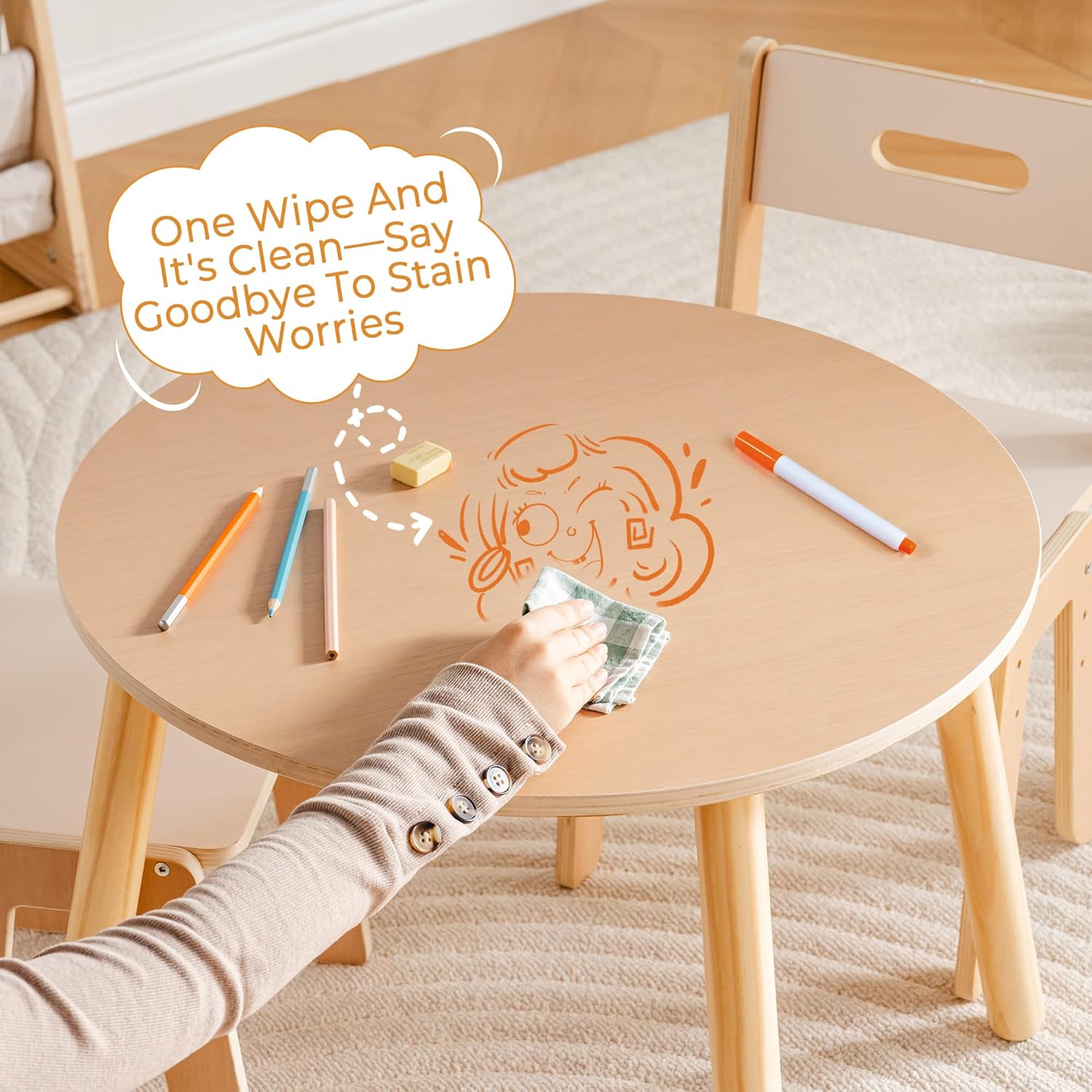 ROBOTIME Wooden Kids Table and Chairs, Adjustable Height Toddler Table and Chair Set, Round Kids Desk and Chair Set for Ages 3+, Sturdy Design, Easy to Clean, Perfect for Study, Playroom & Mealtime