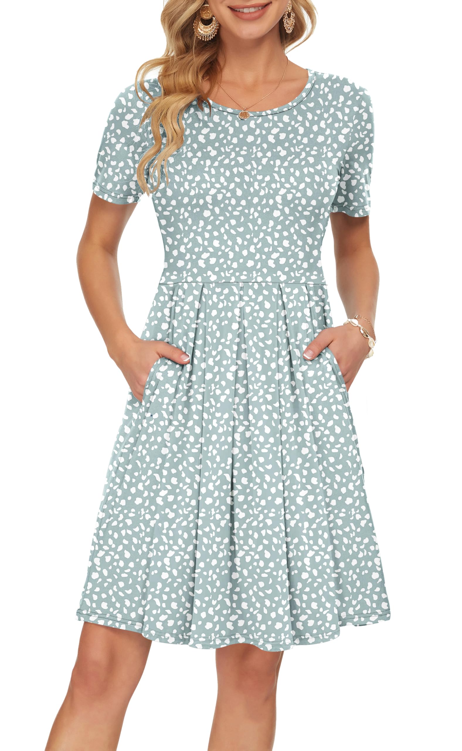 AUSELILY Damen Kurzarm Plissee Loose Swing Freizeitkleid mit knielangen Taschen