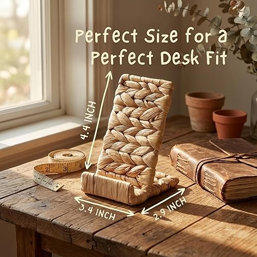 Miniatura 4 de Ahyra Wicker Cell Phone Stand for Desk, Sturdy Tablet & E-Reader Holder, Handcrafted Woven Art Piece, Scratch-Free Cradle, Boho Desk Decor A